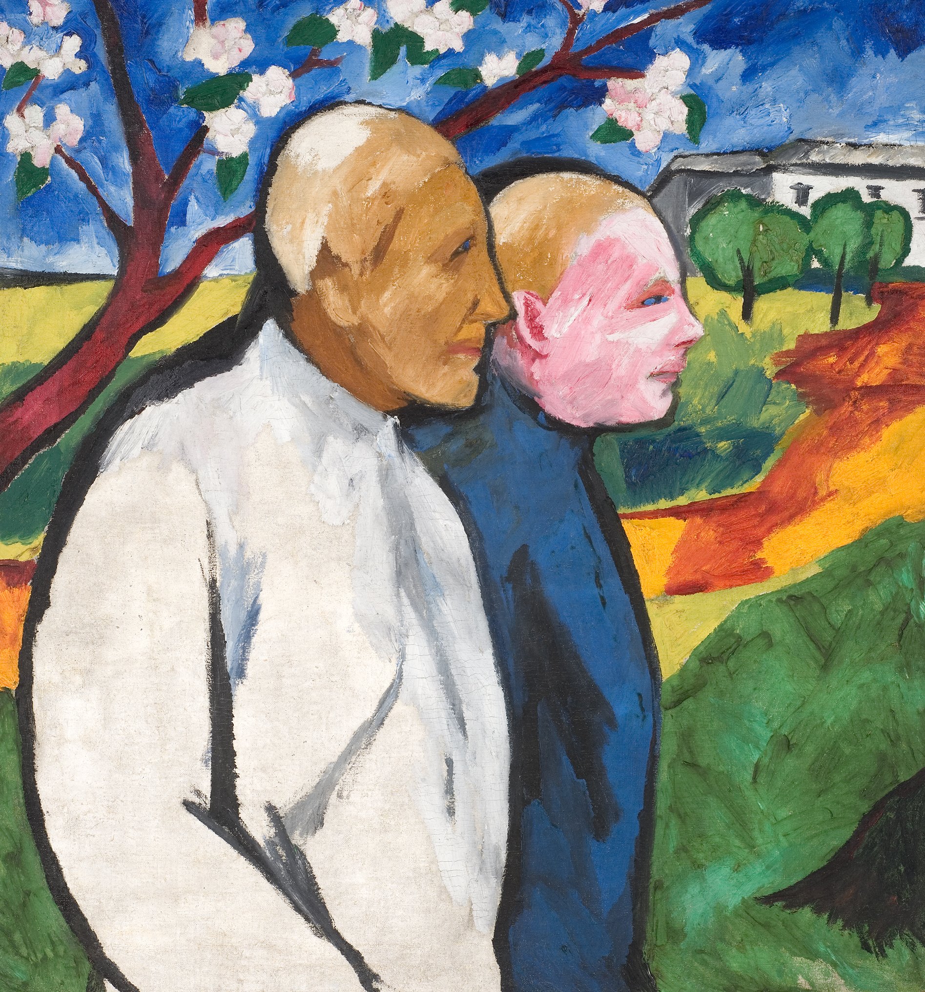L'image représente une peinture de deux figures humaines, se tenant côte à côte, dans un paysage stylisé. Les deux personnages, aux traits simplifiés, sont peints avec des couleurs vives. L'un porte une chemise blanche tandis que l'autre est vêtu de noir. En arrière-plan, on peut voir des arbres en fleurs et un ciel bleu, éclairé par des touches de couleur vive, ce qui crée une atmosphère à la fois joyeuse et expressive. Le paysage est animé par des formes organiques et des couleurs contrastées, typiques d'un style artistique moderne.