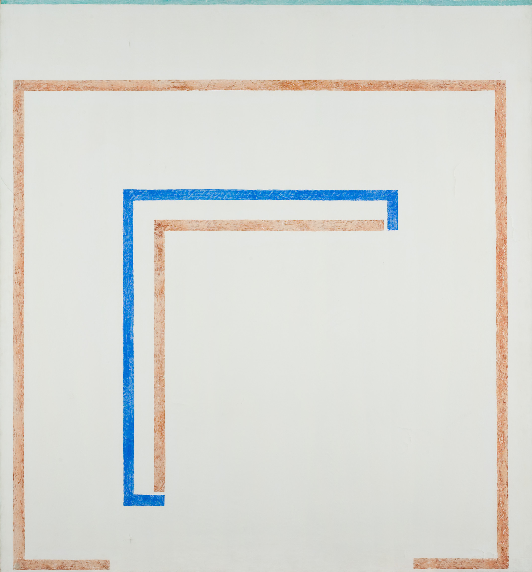 L'image représente une composition abstraite avec un fond principalement blanc. Sur ce fond, plusieurs lignes colorées sont tracées. Il y a des lignes de couleur marron et une ligne bleu foncé qui forme un motif en équerre. Le haut de l'image est surmonté d'une fine bande verte. L'ensemble crée une impression de géométrie simple et de minimalisme, avec un fort contraste visuel entre les couleurs.