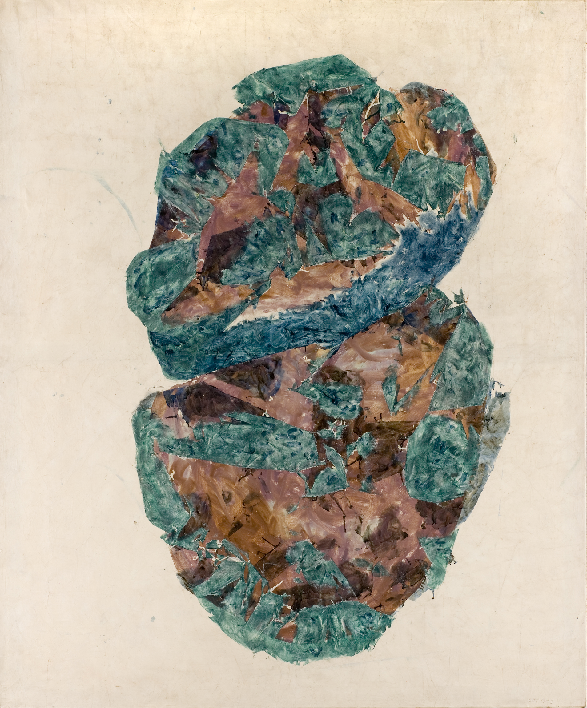 L'image représente un motif abstrait, constitué de formes organiques et de couleurs variées. Les nuances de vert et de bleu se mêlent à des tons plus chauds tels que le rose et le brun, créant une composition texturée et dynamique. L'ensemble évoque une sensation de volume et de mouvement, donnant l'impression d'un objet naturel ou d'une pierre précieuse stylisée. Le fond est neutre, mettant en valeur les couleurs et les formes du motif central.