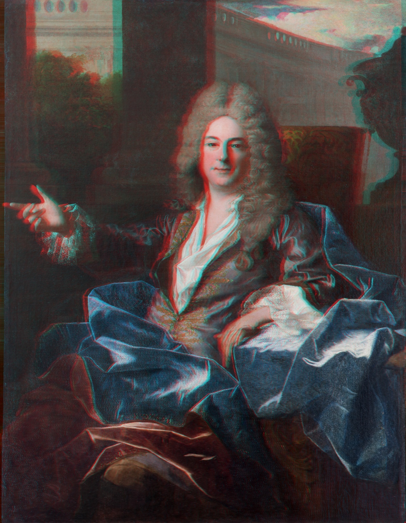 L'image représente un portrait qui évoque un homme du XVIIIe siècle, assis dans une posture détendue. Il est vêtu d'un élégant habit avec des embellissements et un manteau d'un bleu profond, qui contraste avec la couleur claire de sa chemise. Son visage est orné de cheveux longs et bouclés. Le fond suggère un environnement architectural, indiquant peut-être un jardin ou un palais. L'ensemble dégage une impression de raffinement et de calme.