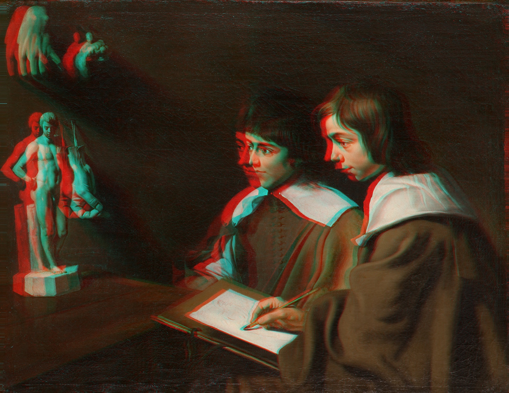 L'image représente deux jeunes hommes concentrés, l'un tenant un carnet de croquis et un crayon, tandis que l'autre regarde une sculpture située à proximité. Ils semblent être dans un environnement sombre, illuminé par une lumière douce qui met en valeur les détails. Les vêtements des personnages évoquent une époque historique, avec des collerettes. La sculpture qu'ils observent est probablement une représentation artistique. L'atmosphère générale transmet une sensation de curiosité et de création artistique.