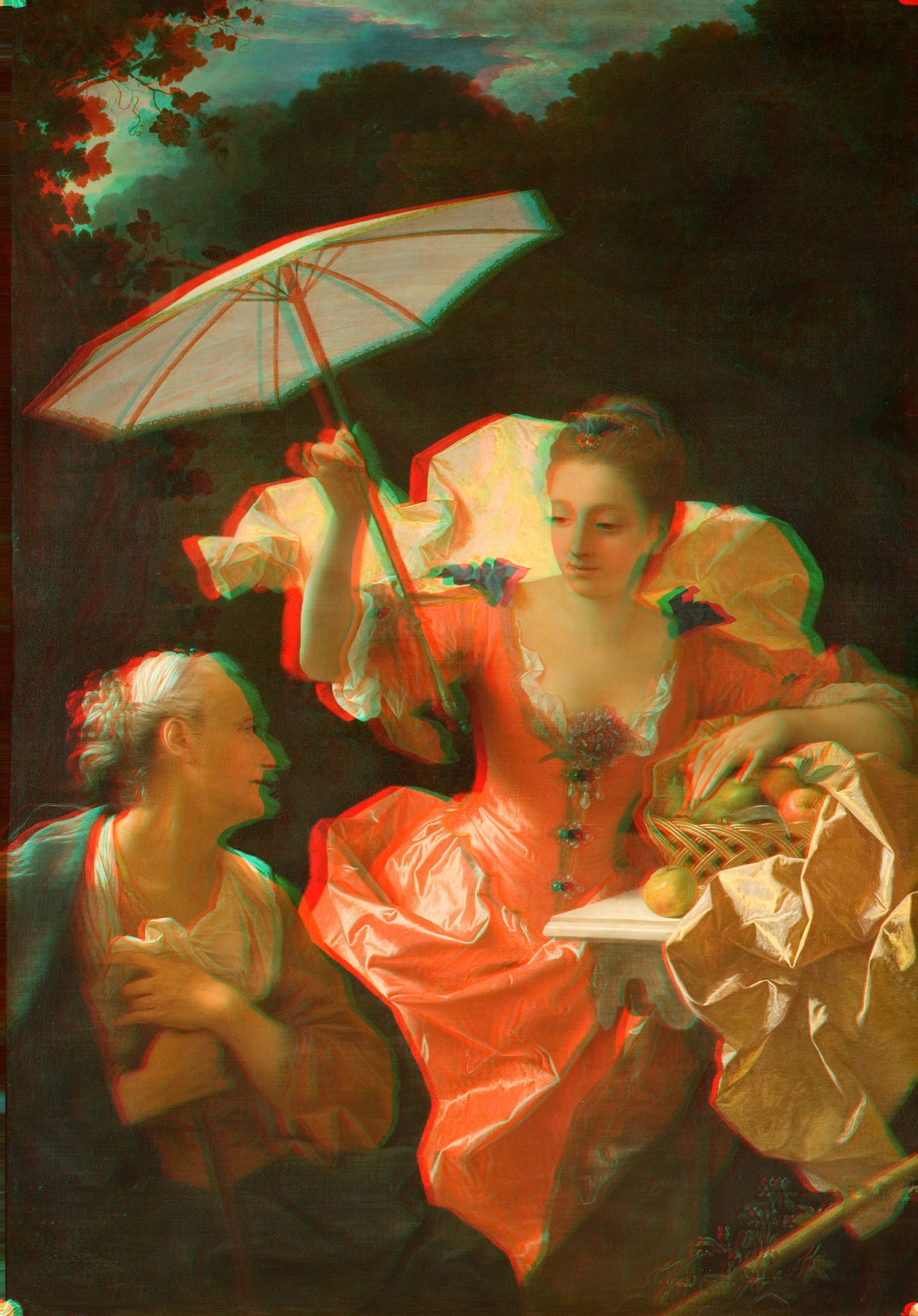 L'image représente deux femmes dans un cadre romantique et coloré. La femme au premier plan porte une robe éclatante de couleur rouge et tient un parasol. Elle est assise à une table sur laquelle sont disposés des fruits. À sa droite, une autre femme, plus âgée, semble converser avec elle, le visage souriant. Le fond est sombre, ce qui met en valeur les couleurs vives des vêtements et des fruits. L'atmosphère dégage une ambiance de convivialité et de fraîcheur.