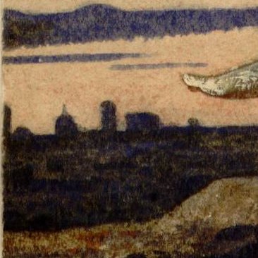 L'image montre un paysage avec un ciel où des nuages se mêlent à des teintes de bleu et de rose. À l'horizon, on peut apercevoir des silhouettes de bâtiments, peut-être des monuments ou des structures architecturales. Le premier plan présente des textures et des couleurs qui évoquent une vue naturelle, ajoutant une atmosphère sereine et contemplative à l'ensemble.