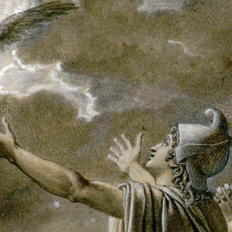 L'image représente une scène dramatique où un homme, vêtu d'une tunique et d'un casque, lève les bras vers le ciel. Au-dessus de lui, un aigle aux grandes ailes s'élève, semblant émerger des nuages. L'atmosphère est empreinte d'une certaine mystique, avec des nuances de gris et de lumière qui mettent en avant l'expression du protagoniste, qui semble à la fois captivé et en admiration devant cette apparition. Les détails évoquent une ambiance mythologique ou épique.