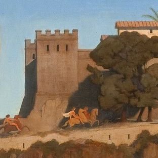 L'image représente un paysage stylisé avec une architecture ancienne. On peut voir un mur de pierre ou une fortification à gauche, symbolisant une ville ou une citadelle. À l'arrière-plan, on aperçoit des bâtiments avec des toits en tuiles. Un groupe de cavaliers chevauche des chevaux le long d'un chemin à proximité d'un arbre verdoyant. L'ensemble de la scène dégage une atmosphère paisible et majestueuse, typique des œuvres d'art classiques.