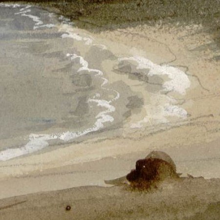 L'image représente une scène de plage avec des vagues douces qui s'échouent sur le rivage. Le sable est clair, et on peut voir plusieurs formes sombres sur la plage, peut-être des pierres ou des objets. Au loin, l'eau semble calme, et le paysage est baigné d'une lumière douce, suggérant une atmosphère paisible. Des silhouettes humaines peuvent être aperçues, ajoutant une touche de vie à cette scène naturelle.