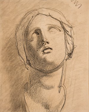 L'image représente un dessin d'une tête de statue stylisée. Le visage est dessiné avec des traits fins, mettant en valeur les yeux et la bouche légèrement ouverte. Les contours sont accentués par un tracé sombre, tandis que les ombres ajoutent de la profondeur à la représentation. La posture de la tête, légèrement inclinée vers l'arrière, suggère une expression contemplative ou rêveuse. Le fond est neutre, mettant en avant la figure sculpturale.