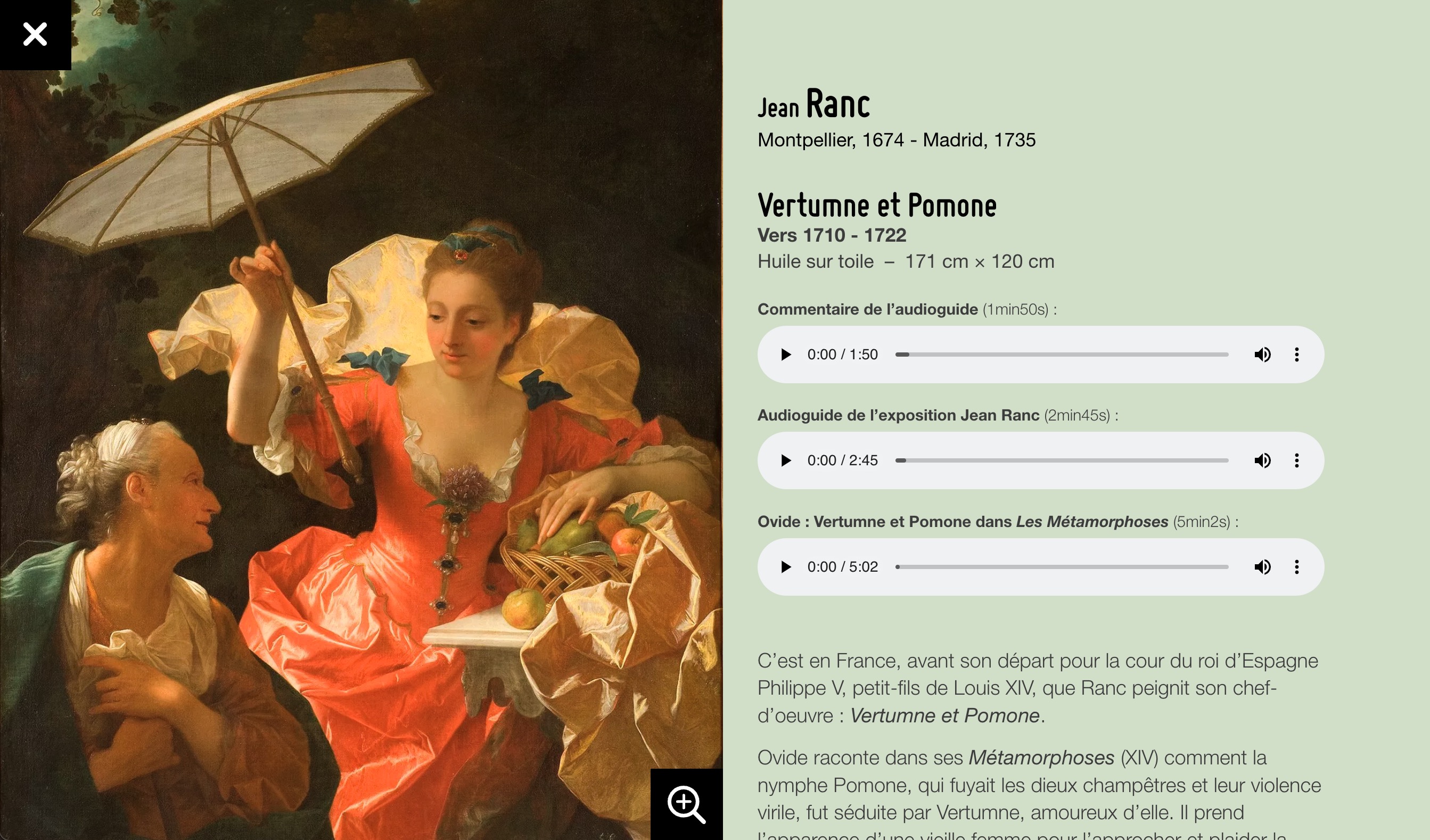 La fiche de Vertumne et Pomone de Jean Ranc, chef-d'œuvre du musée Fabre, bénéficie d'un cartel particulièrement complet, ainsi que de plusieurs enregistrements audio.