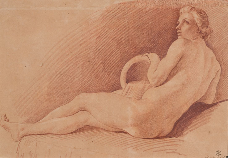 Femme allongée s'appuyant sur une urne, 1re moitié du 18e siècle Sanguine Montpellier, Université de Montpellier, musée Atger Inv. MA 311, classé au titre des Monuments Historiques le 25/01/1913