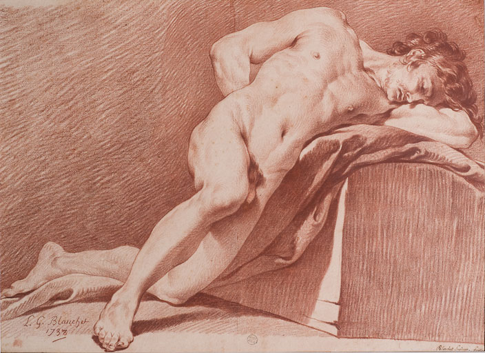 Homme nu de face, accoudé, un genou en terre, 1738