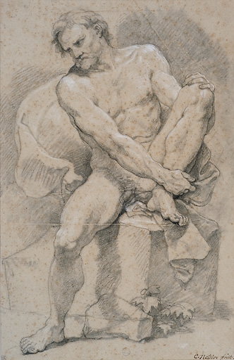 Académie d'homme assis, de face, se tenant le pied gauche, 17e siècle