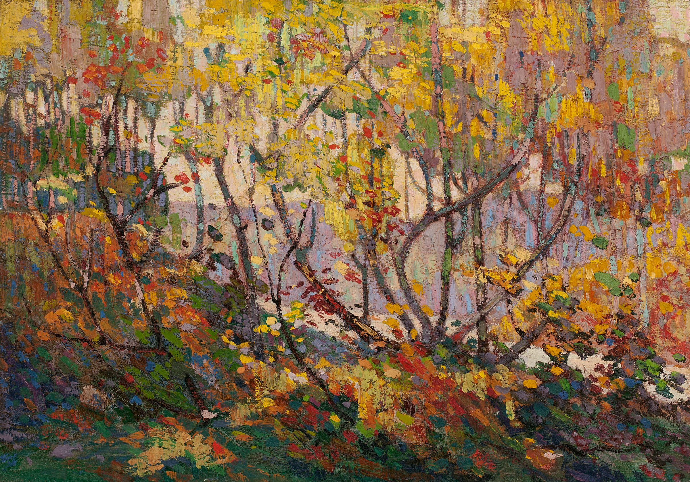 Cette image représente un paysage coloré et texturé, typique d'une peinture impressionniste. On y voit une végétation abondante, avec des arbres et des buissons aux feuillages aux teintes vibrantes, telles que des jaunes, des rouges et des verts. La lumière semble filtrer à travers les branches, créant une atmosphère chaude et accueillante. Le style indique une touche expressive, donnant une sensation de mouvement et de vie dans la nature.