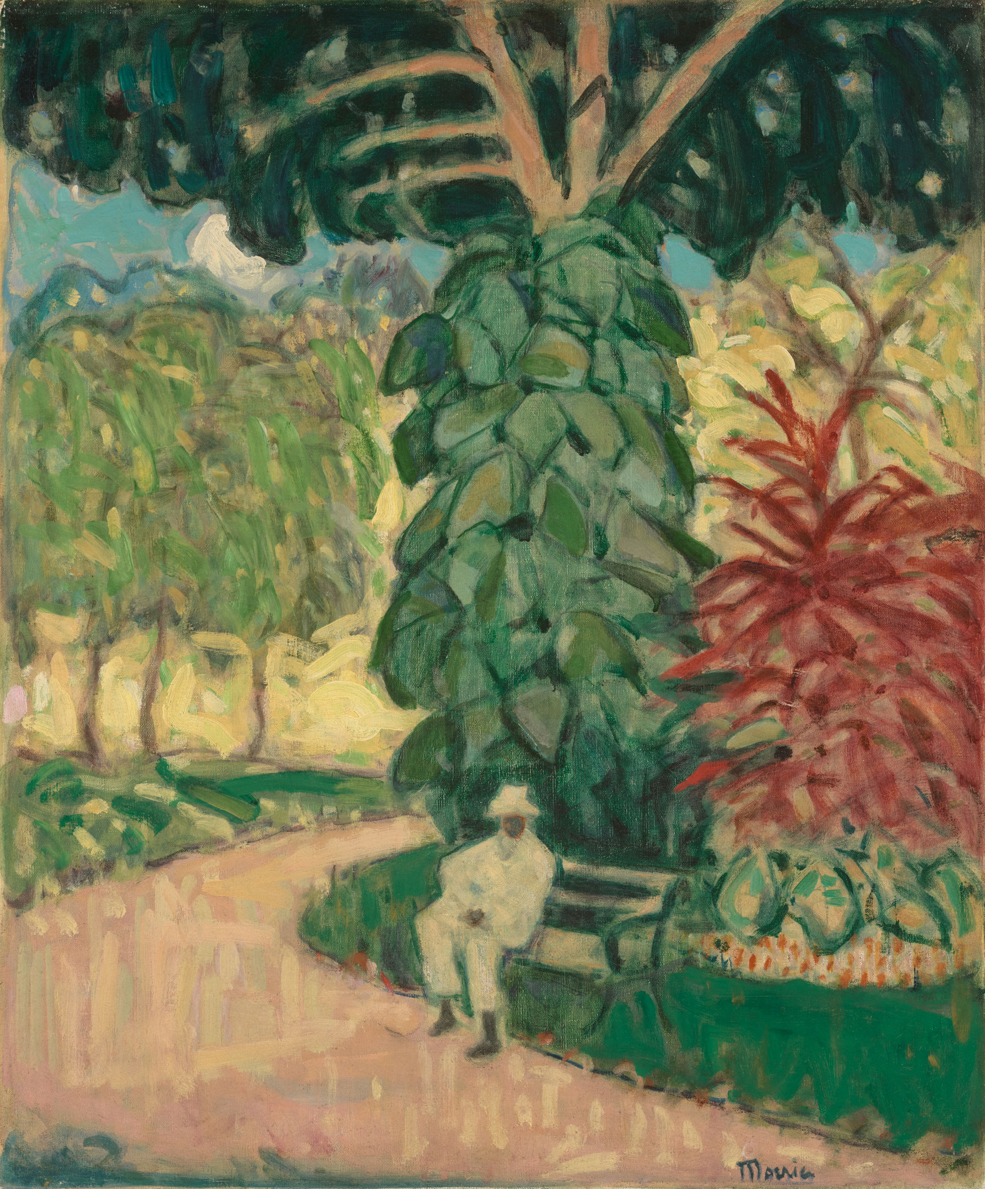 L'image représente un paysage de jardin où l'on aperçoit un chemin sinueux bordé d'arbres et de plantes luxuriantes. Sur un banc, une silhouette assise semble contempler les alentours. L'atmosphère est sereine et tranquille, avec une palette de couleurs vives qui évoque la chaleur et la beauté de la nature. Les feuillages variés ajoutent de la profondeur à la scène, créant un espace agréable et apaisant.