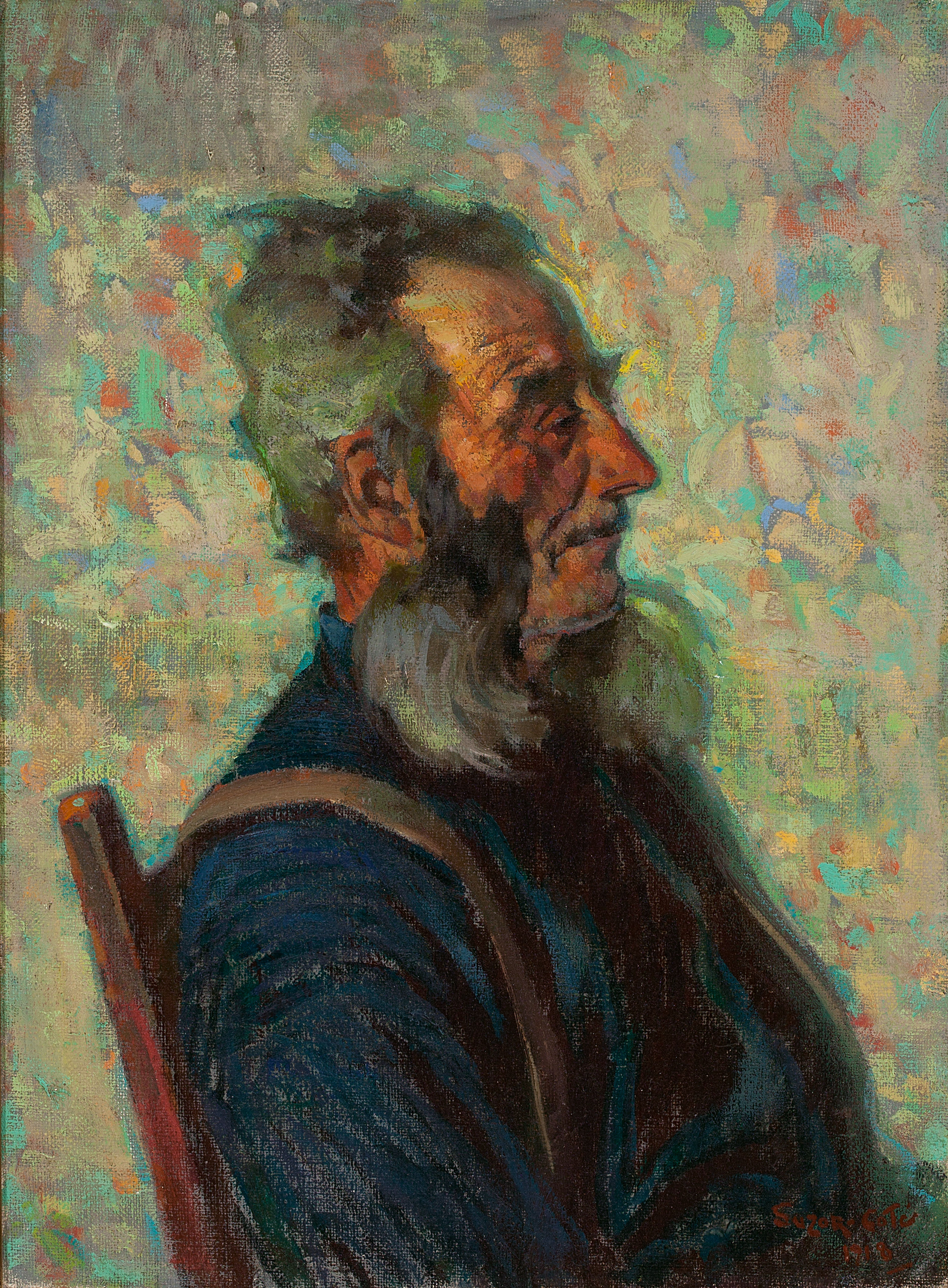 L'image représente un portrait d'un homme âgé, vu de profil. Il a une expression marquée avec des traits distincts, notamment un nez long et une barbe fournie. Ses cheveux semblent grisonnants et il porte une chemise sombre, tandis que son visage est illuminé par des nuances de couleur. L'arrière-plan présente des teintes douces et abstraites, ajoutant une dimension artistique à l'ensemble. L'homme semble pensif, contemplant l'horizon avec une certaine sagesse.