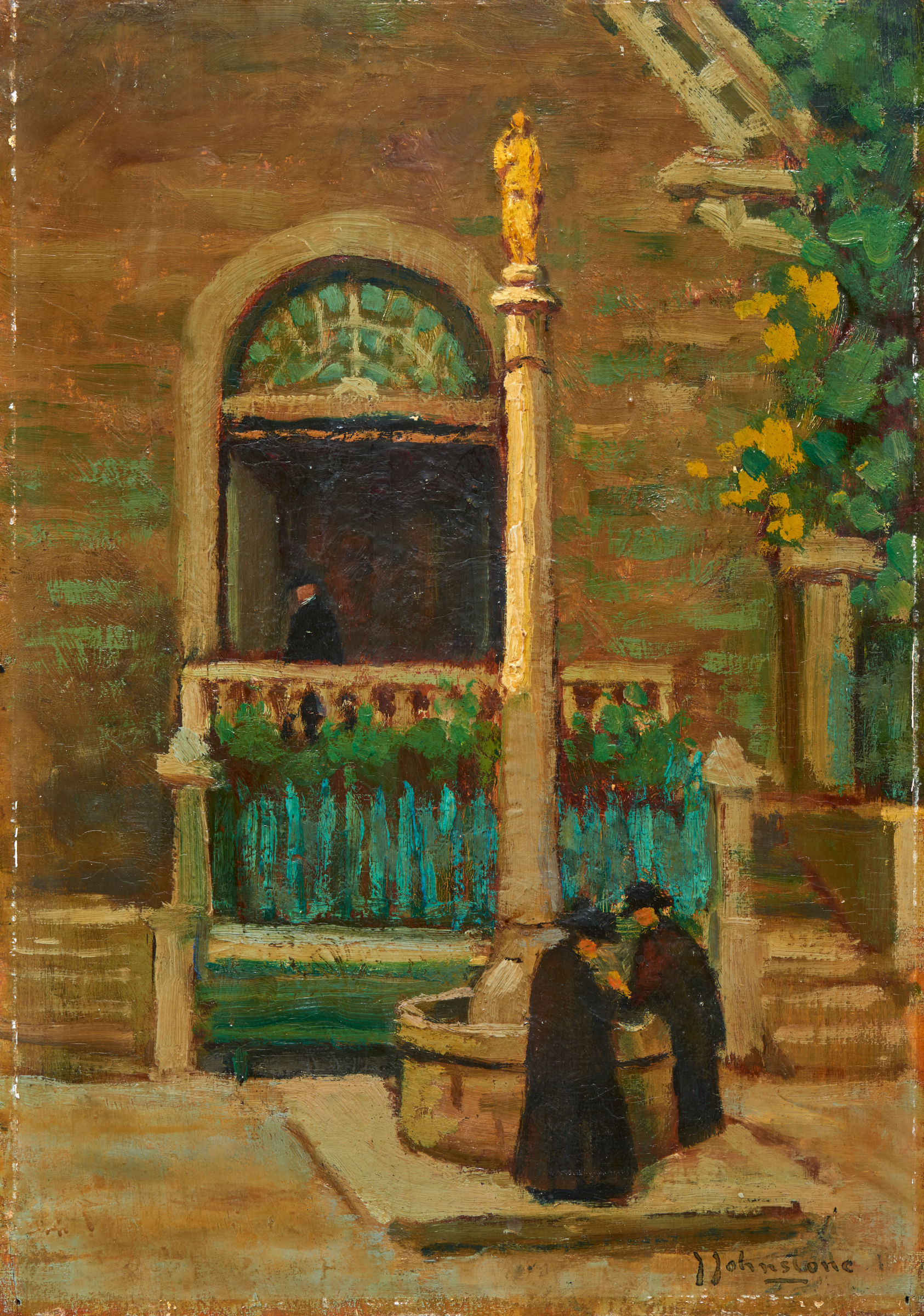 L'image représente une scène peinte dans un style impressionniste. Au centre, il y a une fontaine en pierre avec une statue dorée au sommet. Deux personnes, vêtues de robes sombres, sont accroupies près de la fontaine, semblant s'occuper de quelque chose. À l'arrière-plan, on aperçoit un balcon avec une balustrade verte, où une silhouette se profile. La lumière est douce, et les couleurs sont riches, créant une atmosphère chaleureuse et paisible. Des éléments végétaux, tels que des fleurs jaunes, ajoutent une touche de vie à la composition.