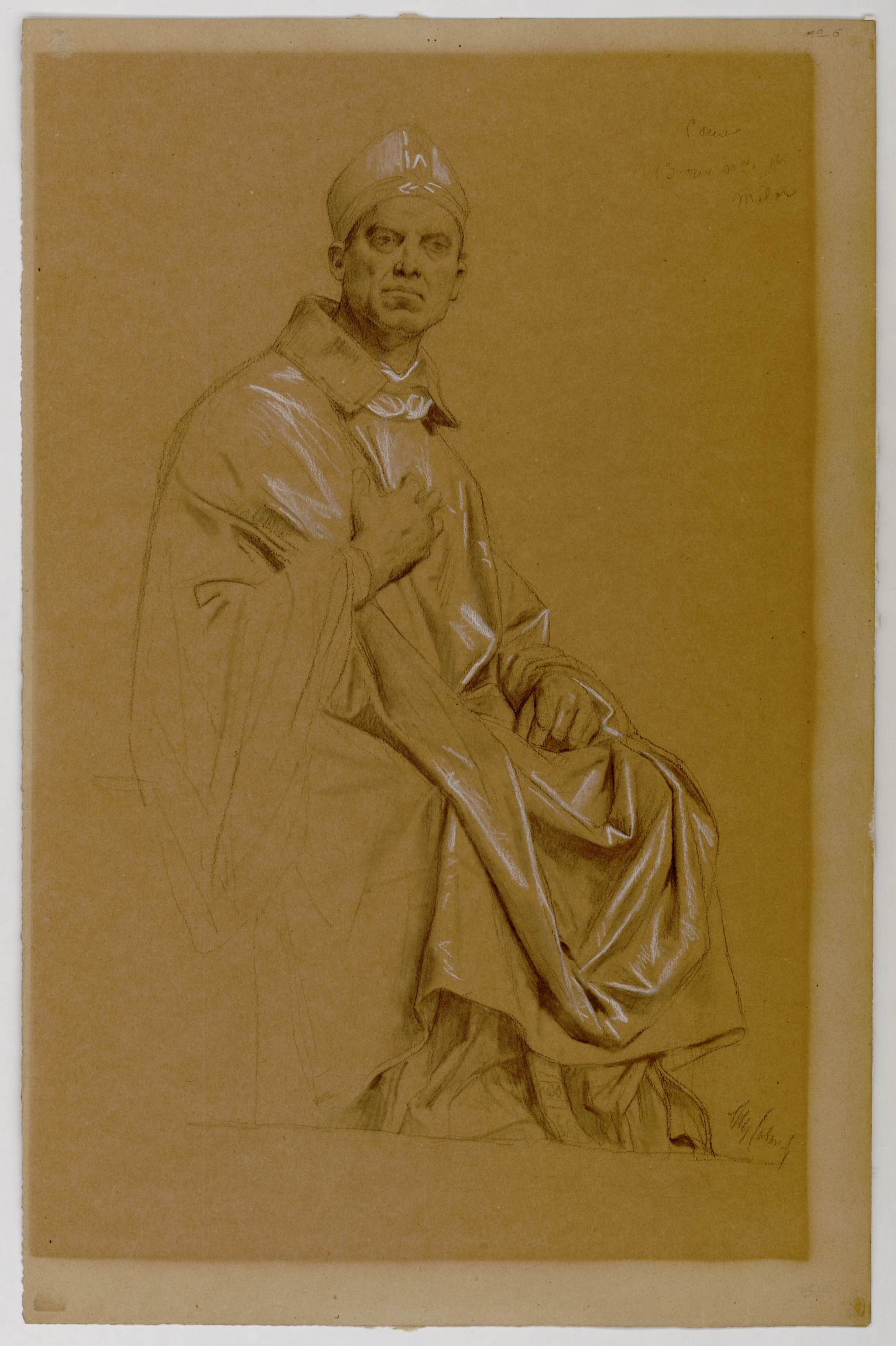 L'image montre un dessin représentant un homme assis, vêtu d'une robe ou d'un grand manteau. Il porte également un couvre-chef. Son expression faciale est intense et réfléchie, avec un regard direct vers le spectateur. Les plis de son vêtement et les détails de sa posture sont bien travaillés, mettant en valeur le jeu de lumière et d'ombre. Le fond est de couleur brune, ce qui renforce la profondeur du portrait.