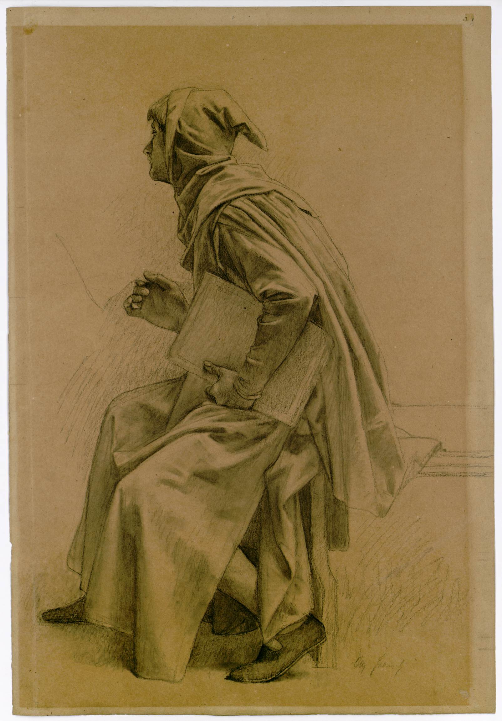 L'image montre une silhouette féminine assise, vêtue d'un habit long et enveloppant, avec un capuchon. Elle tient un carnet ou un livre dans ses mains, semblant pensive ou concentrée. Le fond est d'une teinte beige, mettant en valeur les détails du vêtement et l'expression de la figure. Les traits de son visage sont délicatement esquissés, suggérant une émotion ou une réflexion profonde. La posture et la position des mains ajoutent à l'impression de contemplation.