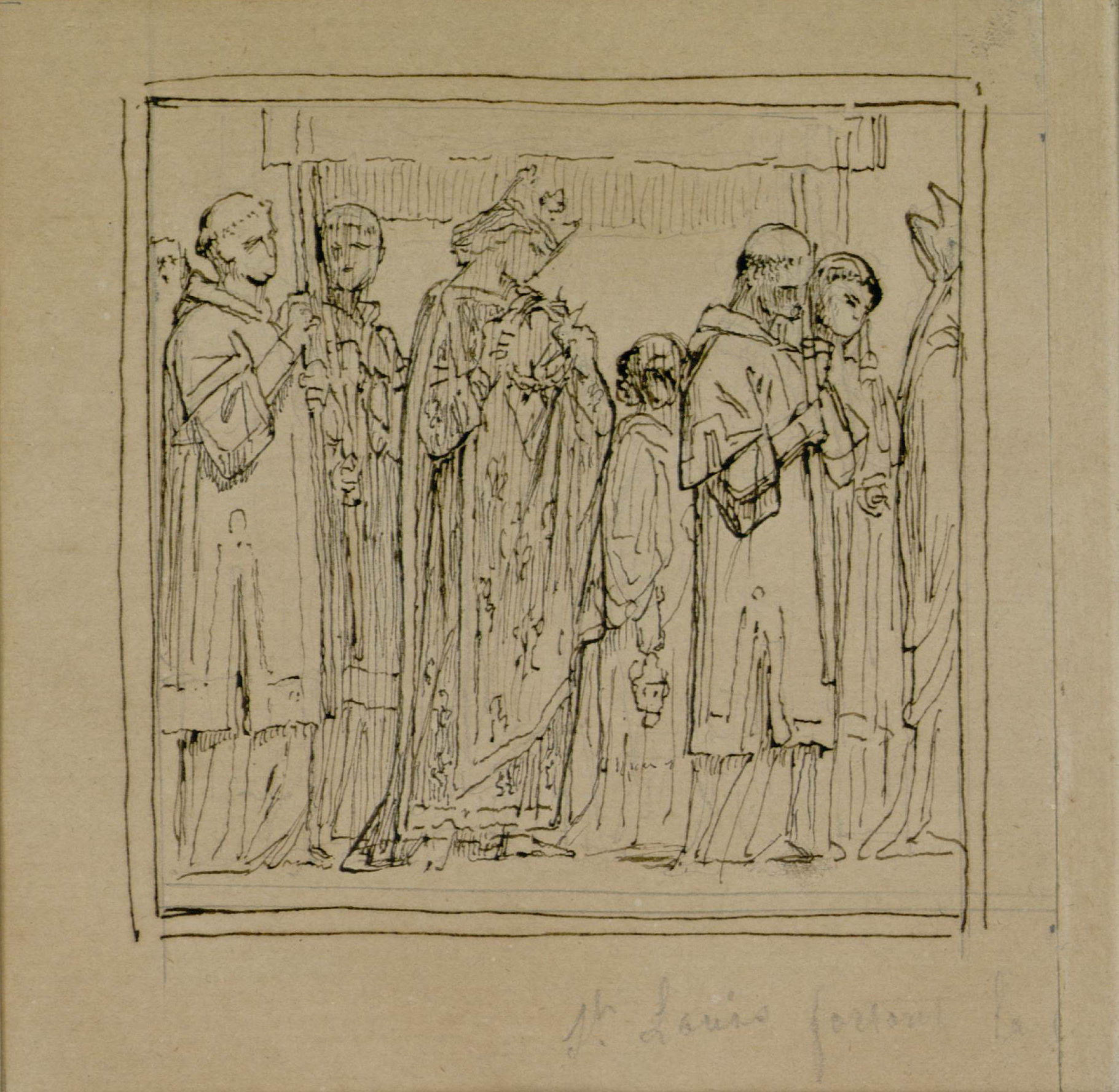 L'image représente un groupe de figures habillées de manière traditionnelle, probablement dans un contexte religieux ou cérémoniel. On peut apercevoir des hommes portant des vêtements ornés et tenant des bâtons ou des objets dans leurs mains. Au centre, une figure élégamment habillée semble se distinguer des autres, suggérant peut-être un personnage important, comme un roi ou un chef religieux. Le style de dessin est esquissé, avec des traits simples et fluides, ce qui donne une impression de mouvement et de dynamisme. L'arrière-plan est minimal, renforçant l'attention sur les personnages.