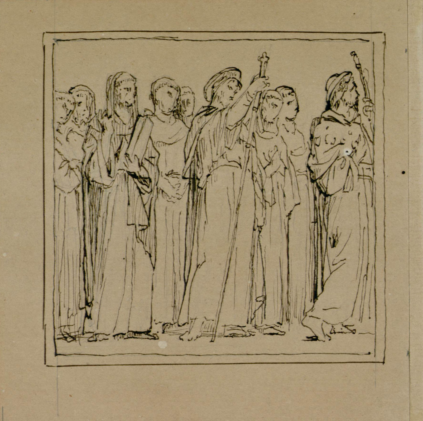 L'image représente un groupe de figures humaines en silhouette, qui semblent être rassemblées pour une sorte d'événement ou de cérémonie. Certaines personnes lèvent les bras, tenant probablement des objets comme des bâtons ou des torches. Les personnages sont vêtus de robes longues, et leurs visages expriment différentes émotions. Le style est esquissé avec des lignes claires sur un fond de couleur claire, ce qui donne une impression de mouvement et de dynamisme au groupe.