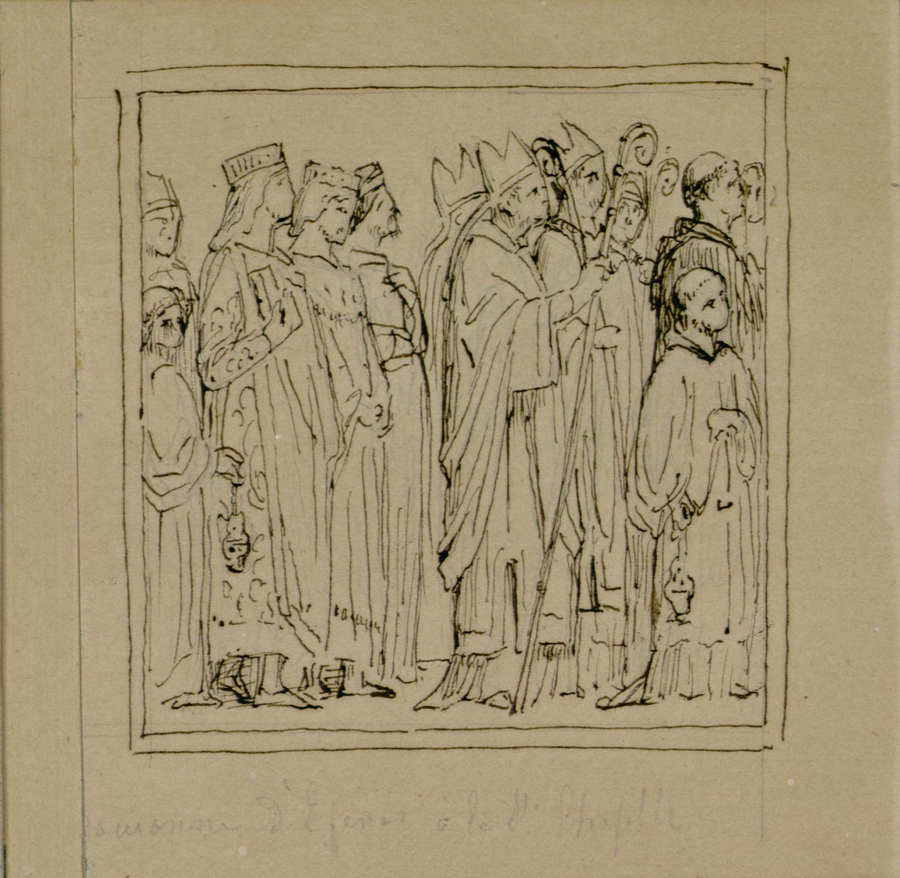 L'image représente un groupe de personnages dessinés avec des contours simples. On peut y voir des figures habillées de robes élaborées et portant des couronnes, ce qui suggère un contexte royal ou cérémonial. Certains personnages tiennent des objets, comme des sceptres ou des lanternes. Le style du dessin semble ancien, caractérisé par des traits fins et une composition soignée, évoquant une scène historique ou religieuse. Le fond est neutre, ce qui met en valeur les détails des personnages.