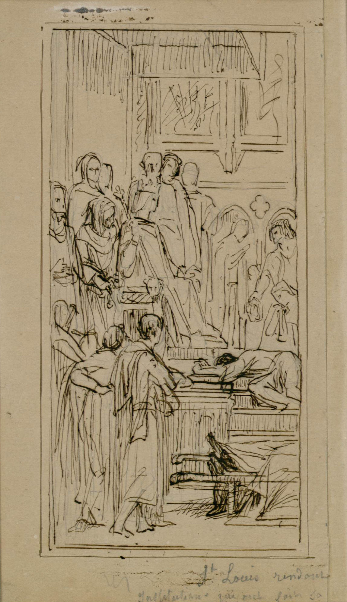 L'image semble représenter une scène religieuse ou de dévotion, avec plusieurs figures adultes, probablement vêtues de robes ou habits de l'époque. Au centre, une personne semble être au sol ou repliée sur elle-même, tandis que d'autres s'agenouillent ou se tiennent autour d'elle. Un chat noir est également visible, ajoutant une touche de vie à la composition. L'ensemble dégage une atmosphère sérieuse, avec des visages concentrés sur l'événement qui se déroule, probablement lié à un rituel ou une prière. Les traits sont esquissés de manière dynamique, soulignant le mouvement et l'intensité des émotions présentes.