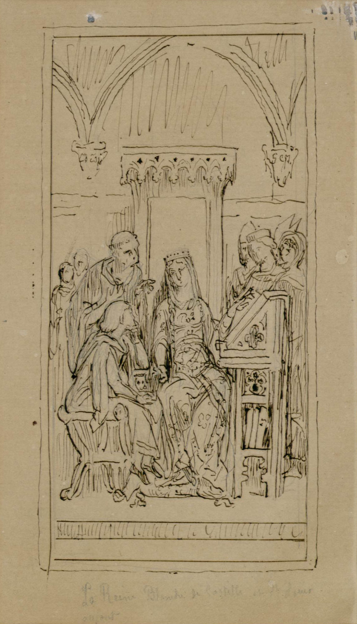 L'image représente une scène avec plusieurs personnages réunis autour d'une figure centrale, probablement une femme assise, identifiée comme une reine ou une importante figure. Les personnages semblent en discussion ou en train d'écouter attentivement, illustrant une atmosphère de délibération. L'architecture autour d'eux, avec des arches, suggère un cadre historique ou religieux. Les traits sont esquissés avec un style délicat et détaillé, caractéristique d'un dessin préparatoire.