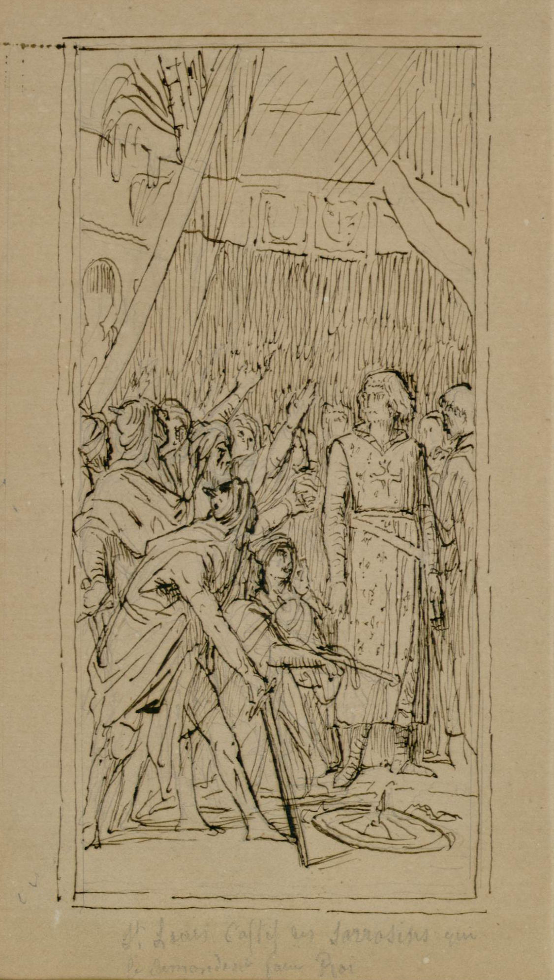 L'image représente une scène historique ou théâtrale se déroulant dans un espace clos, probablement un palais ou une salle importante. Au centre, un personnage semble être en position de pouvoir ou d'autorité, tandis que plusieurs autres figures l'entourent, manifestant des émotions variées, allant de la soumission à la rébellion. L'un des personnages, apparemment en avant, est armé d'une épée, ce qui suggère une tension ou un conflit. Le style du dessin est linéaire, avec des traits esquissés et une attention portée aux expressions des personnages. L'ensemble dégage une atmosphère dynamique et dramatique.