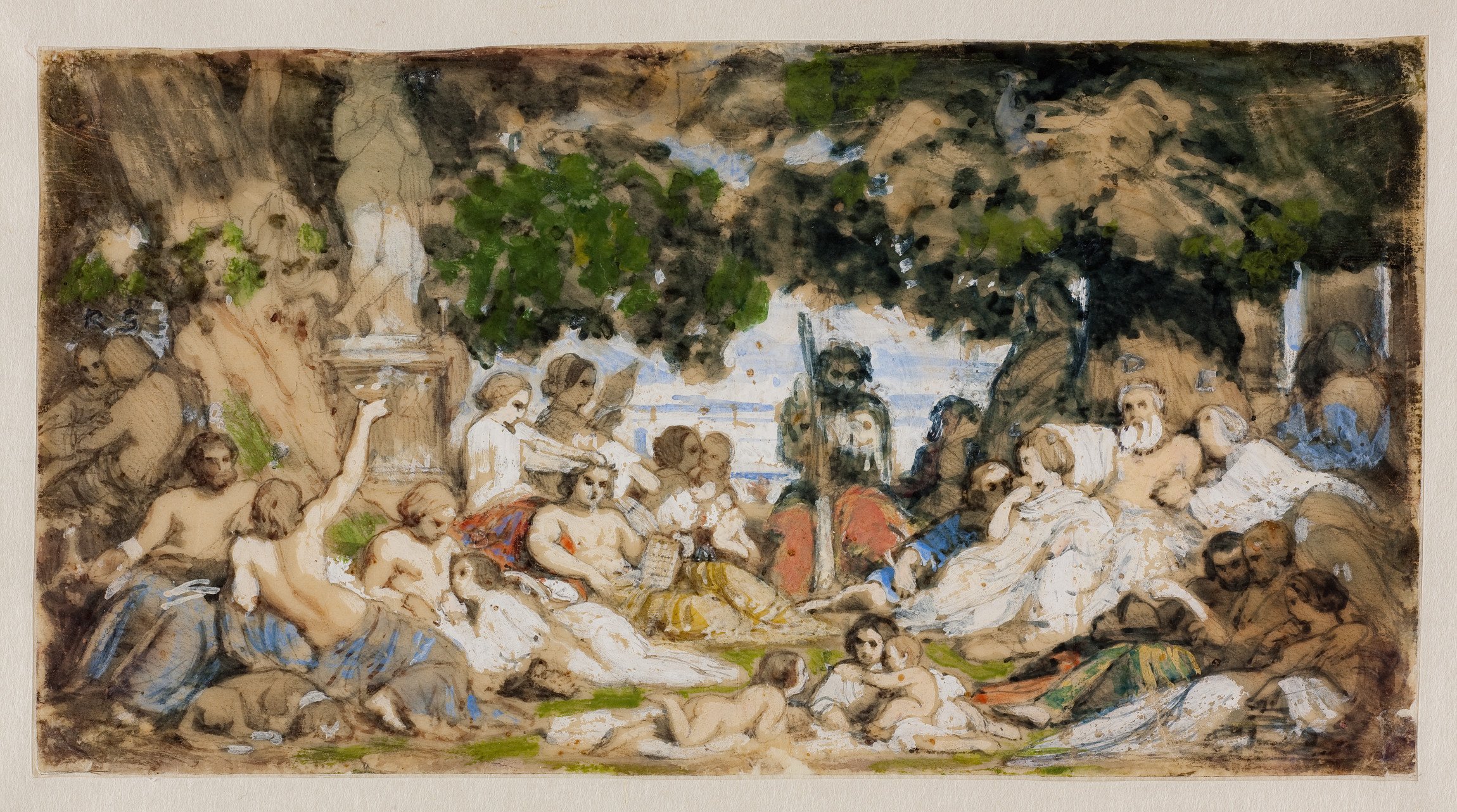 L'image représente une scène bucolique avec un groupe de personnages dans une ambiance paisible. On peut apercevoir des femmes et des enfants, probablement en train de discuter ou de se détendre sous des arbres. Les figures sont dessiné de manière expressive, avec des touches de couleur suggérant une luminosité douce et une atmosphère conviviale. L'environnement naturel, avec son feuillage, renforce le sentiment d'harmonie et de tranquillité.