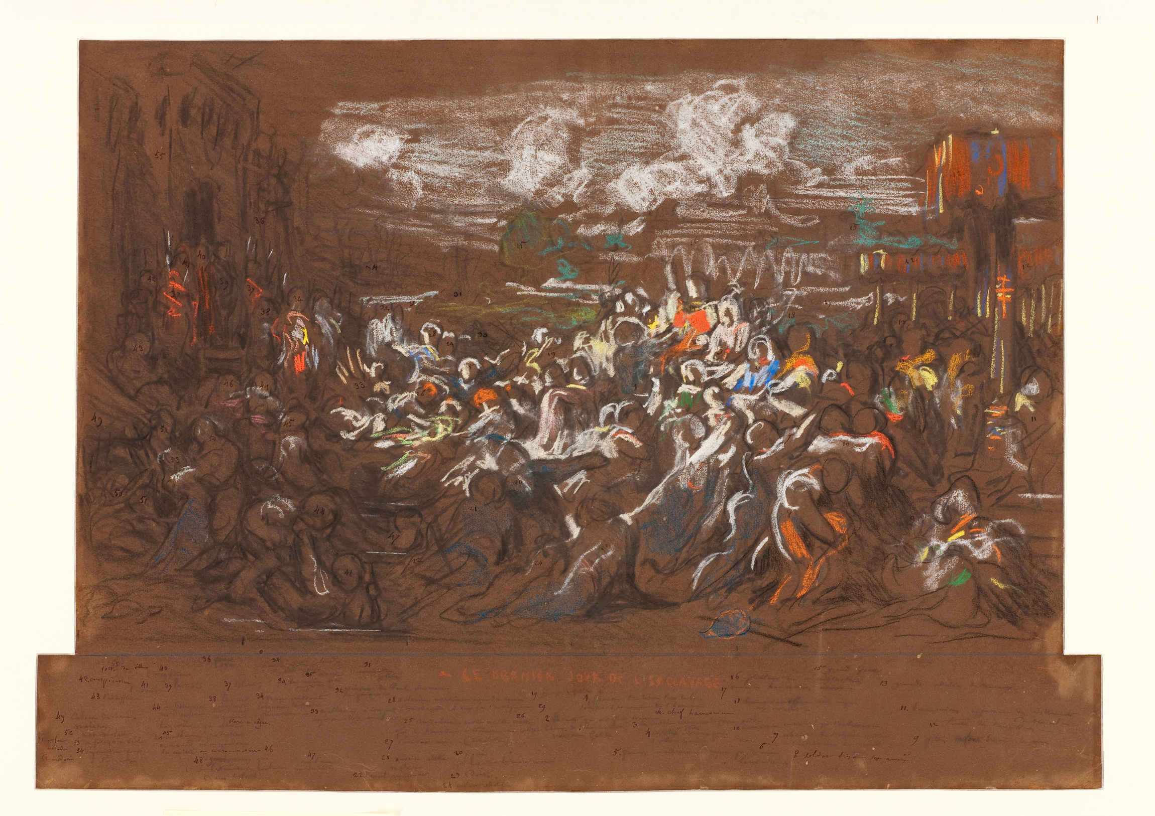 Cette image semble représenter une scène animée, probablement d'un rassemblement ou d'une célébration. On peut y voir un grand nombre de figures humaines, peut-être des danseurs ou des spectateurs, rassemblés dans un environnement urbain. Le style est expressif, avec des coups de pastel qui créent une atmosphère vibrante et dynamique. Le ciel est nuageux, et des jeux de lumière illuminent les silhouettes des personnes, ajoutant une dimension presque magique à la scène. Les couleurs chaudes et les contours flous donnent un sentiment de mouvement et d'énergie.