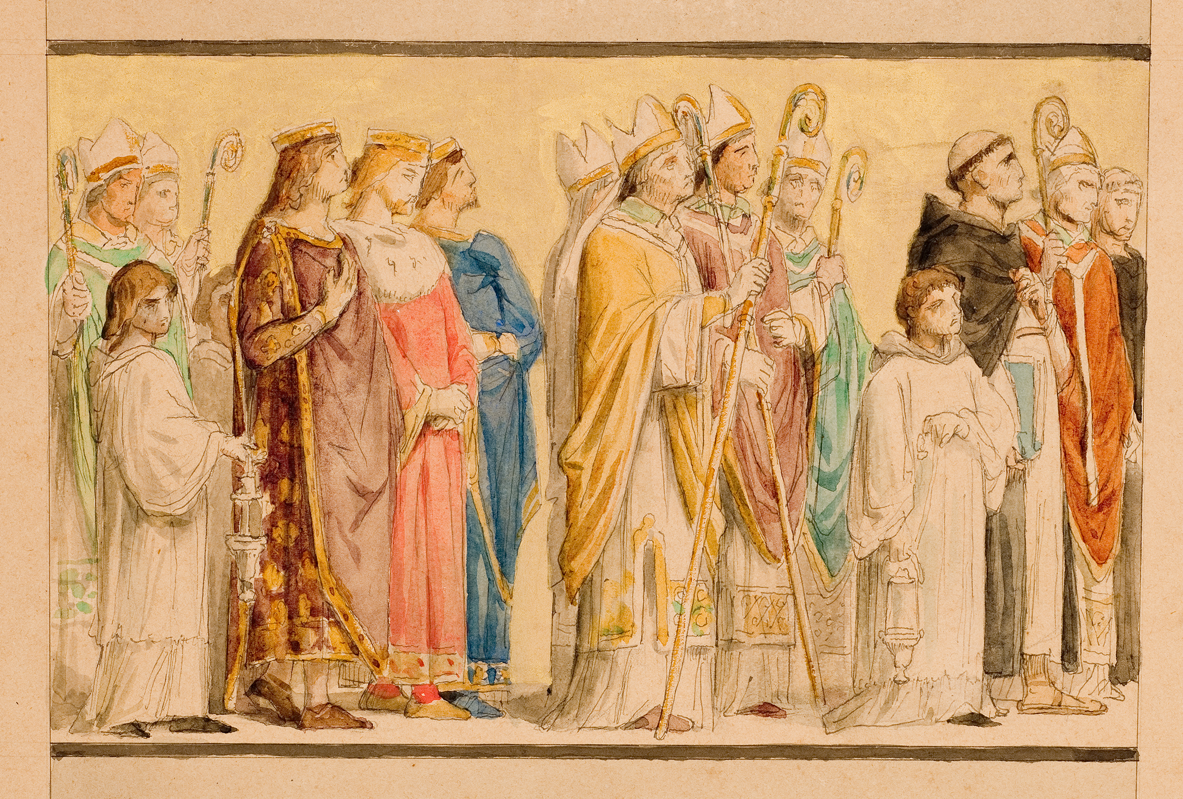 L'image représente une procession de personnages en costume historique, probablement liés à des figures religieuses ou royales. On y voit plusieurs individus portant des robes riches et des ornements, avec des mitres et des bâtons de berger, typiques des hautes autorités ecclésiastiques. Certains personnages semblent en prière ou en contemplation, tandis que d'autres sont en position d'autorité. Les couleurs sont vives, mettant en avant les détails des vêtements et des accessoires. L'ensemble dégage une atmosphère solennelle et impressionnante.
