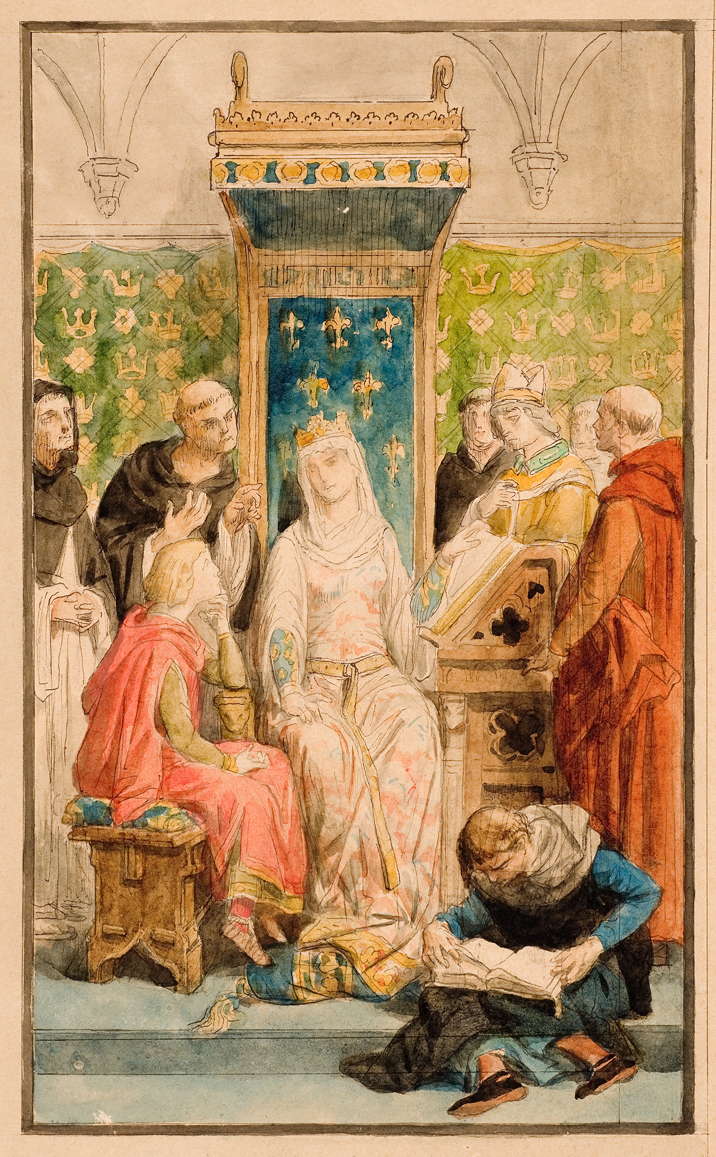 Cette image représente une scène médiévale, probablement dans un cadre royal ou religieux. On y voit une reine assise sur un trône richement décoré, entourée de plusieurs personnages. Parmi eux, certains semblent être des moines ou des conseillers, vêtus de robes sombres. La reine porte une tenue élégante et une couronne, dégageant une aura de puissance. Un personnage au premier plan est penché, écrivant peut-être quelque chose. L'environnement est orné de motifs luxuriants, ce qui renforce le caractère solennel de la scène.