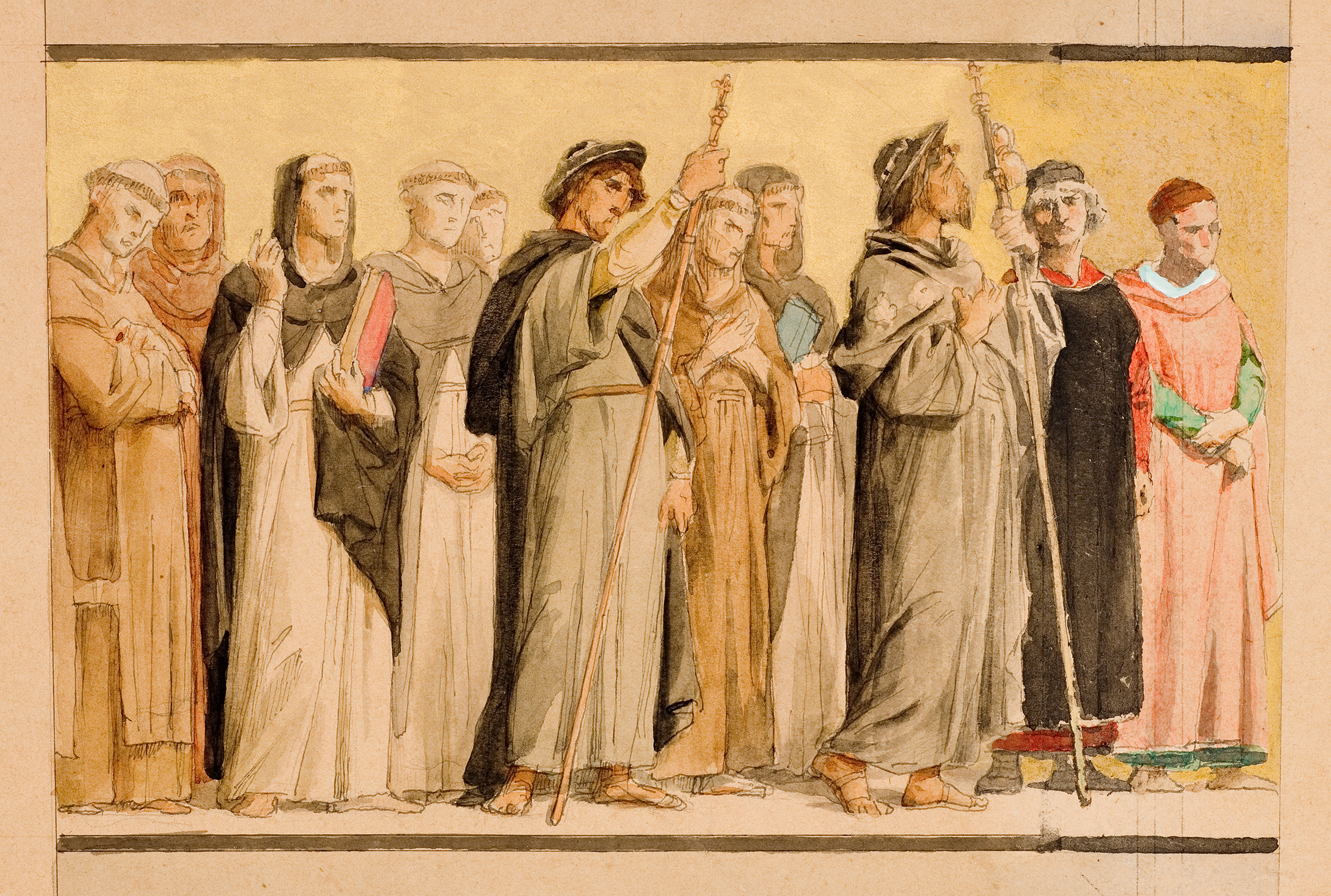 L'image représente un groupe de personnages en costume historique, probablement issus d'une époque médiévale ou de la Renaissance. Ils se tiennent alignés, chacun tenant des bâtons ou des livres. Les hommes et les femmes semblent avoir des rôbes aux couleurs variées, allant du gris au noir et au rouge. Leur expression faciale suggère une certaine solennité ou une opinion marquée. L'arrière-plan est sobre et accentue la présence des figures au premier plan. Cette scène pourrait évoquer un rassemblement, une procession ou une représentation symbolique.