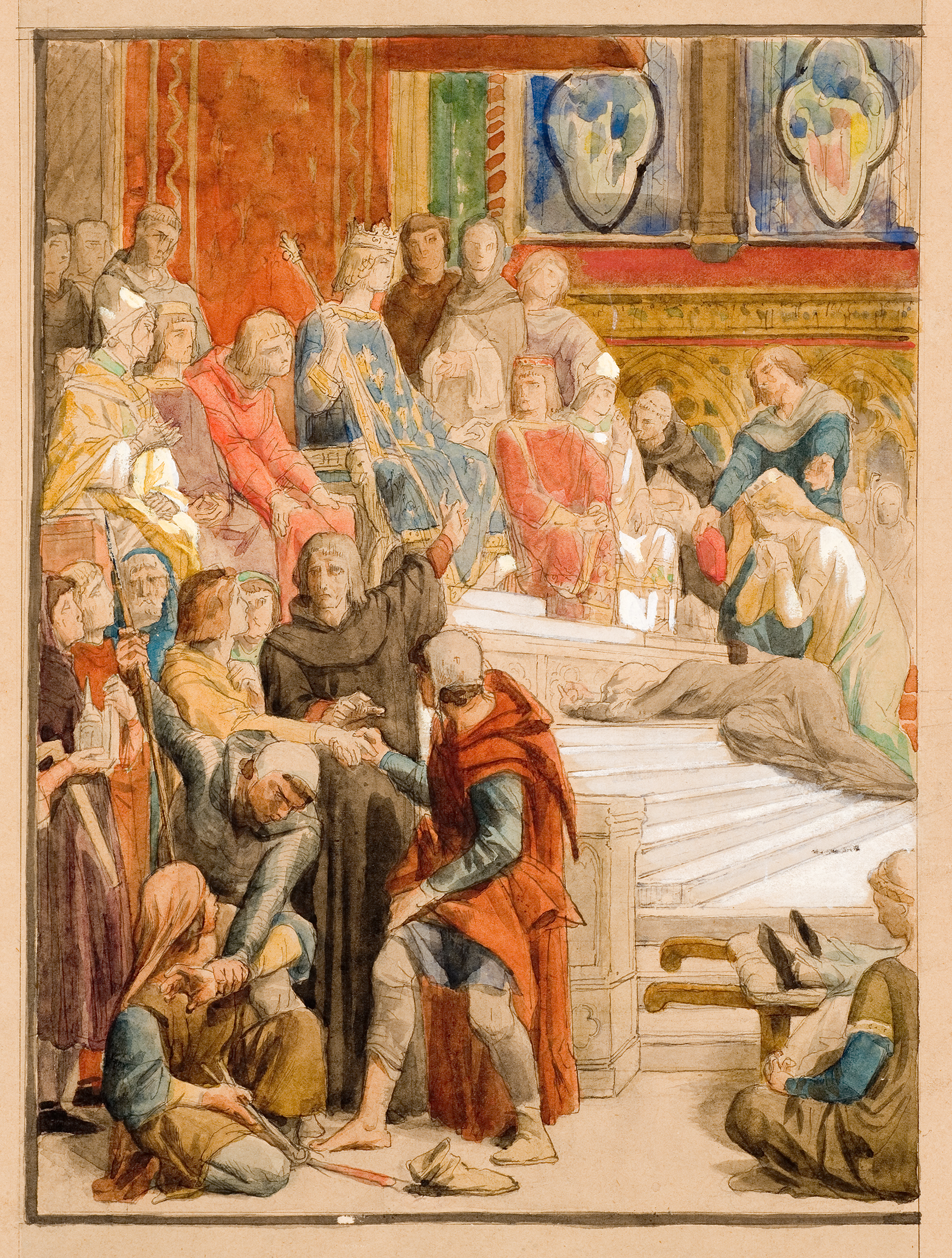 L'image représente une scène historique ou biblique, où un groupe de personnes est rassemblé autour d'un roi ou d'une figure d'autorité. On peut voir des personnages vêtus d'habits variés, certains semblant préoccupés ou en prière, d'autres exprimant des émotions fortes. Au centre, une figure allongée sur un lit semble attirer l'attention des présents, suggérant un moment de tension ou de gravité. La composition est riche en détails, avec des gestes et des expressions qui communiquent une profonde intensité dramatique. Les couleurs délicates et les finitions soignées donnent une impression de grandeur et de solennité à la scène.