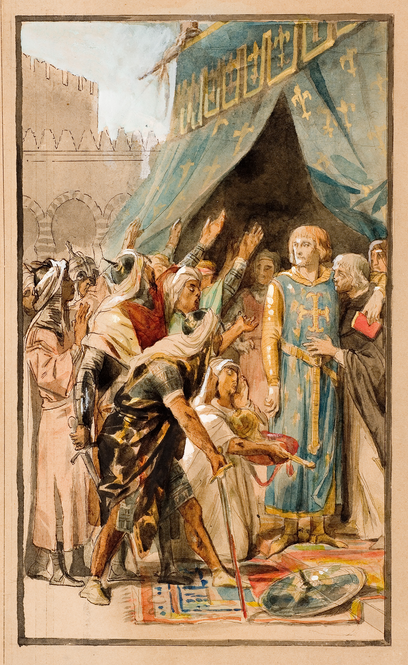L'image représente une scène historique ou mythologique. On y voit plusieurs personnages rassemblés autour d'un homme enarmé, qui se tient sous une tente richement décorée. Certains personnages semblent en train de prier ou de demander quelque chose, les bras levés dans une posture expressive. Le personnage central, habillé d'une armure et d'un manteau, semble être une figure importante, possiblement un leader ou un roi. Les vêtements des autres personnages varient, indiquant peut-être des origines culturelles différentes. L'ambiance de l'image est solennelle, évoquant un moment de grande importance ou de décision.