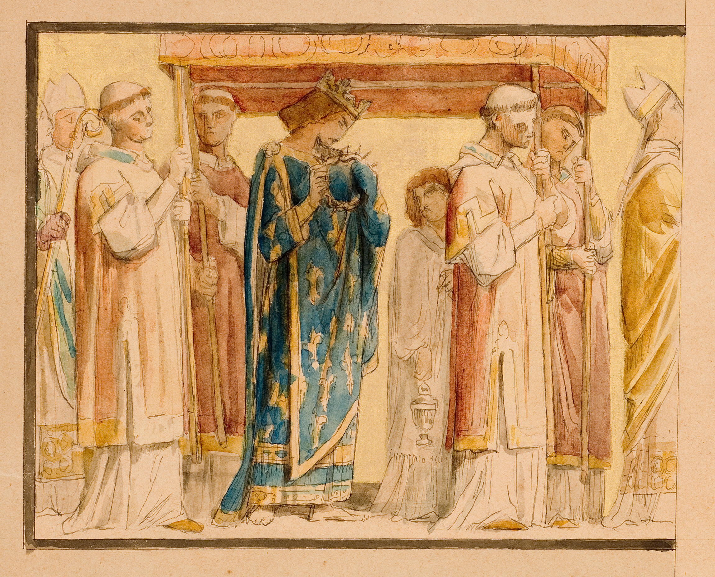 L'image représente une scène historique ou religieuse avec plusieurs figures entourant une reine. Celle-ci est vêtue d'une robe somptueuse ornée de motifs, et elle porte une couronne. Elle se tient sous un dais porté par des hommes en habits cérémoniels. À ses côtés, on peut voir d'autres personnages, dont des prêtres en vêtements liturgiques. L'atmosphère semble solennelle, suggérant un moment important dans un contexte cérémonial ou royal. Les couleurs utilisées sont douces, avec des touches de doré qui accentuent le caractère majestueux de la reine.