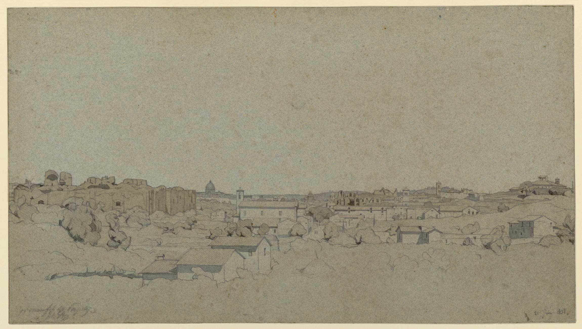 Cette image représente un paysage. On y voit une vue panoramique qui pourrait inclure des bâtiments, des arbres et des collines. Les contours des structures semblent esquissés avec des teintes douces, donnant une impression de sérénité. Le fond est plutôt simple et souligne l'harmonie entre la nature et l'architecture. Les couleurs sont principalement pastel, créant une atmosphère calme et apaisante.