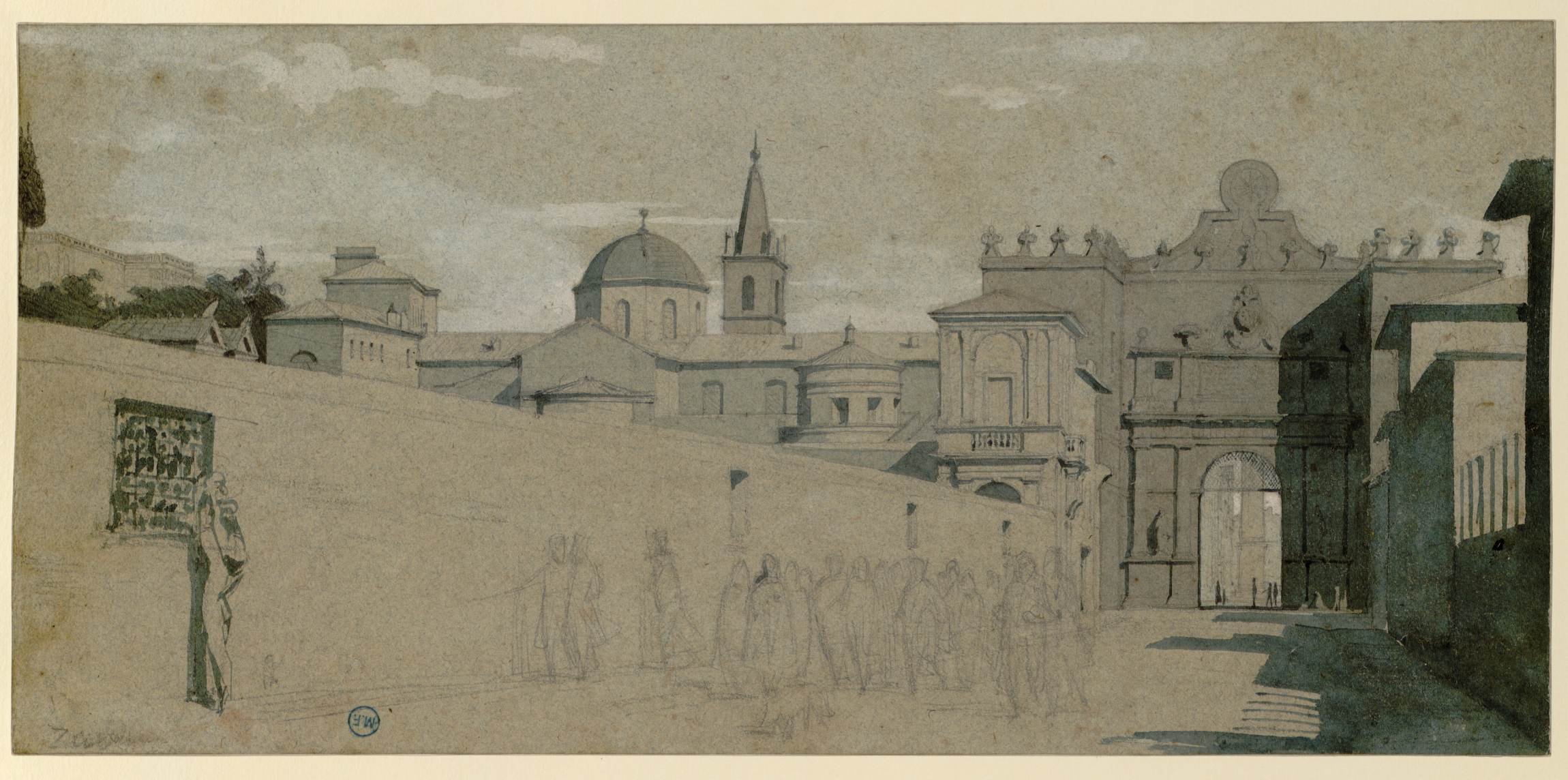 L'image présente une scène architecturale d'un ancien bâtiment, probablement dans un style méditerranéen. On y voit un mur, avec une porte ornée en arrière-plan, et des silhouettes de personnes se déplaçant le long de la rue. Le ciel est clair, et l'ensemble de la composition est dessiné avec des nuances de gris et de beige, donnant un aspect à la fois ancien et contemplatif. Les détails architecturaux, comme les coupoles et les arcades, ajoutent à la richesse visuelle de la scène.