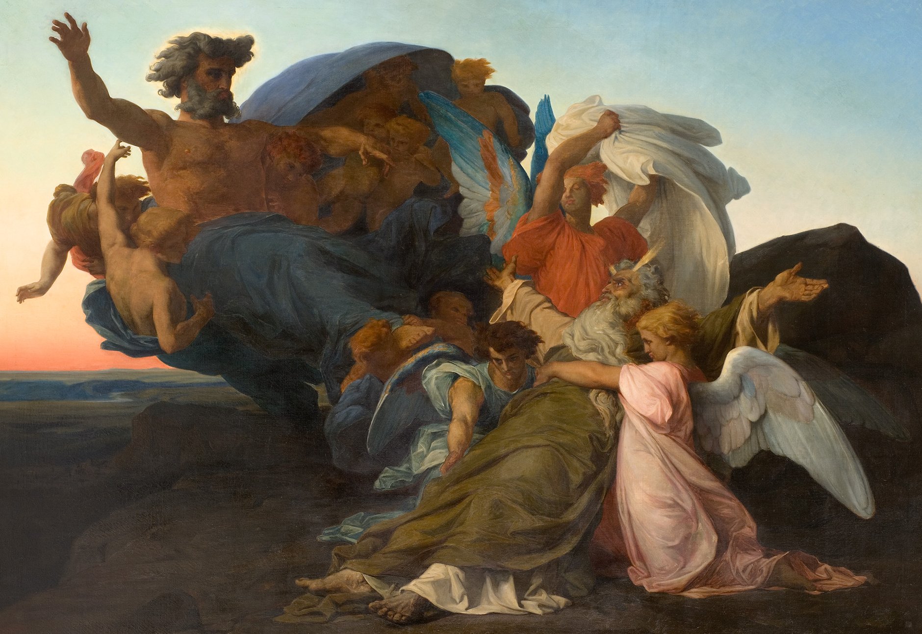 L'image représente une scène dramatique et riche en émotions, typique de l'art classique. On y voit une composition dynamique avec plusieurs figures mythologiques ou célestes. Au centre, une figure majestueuse, probablement une divinité, est entourée d'anges et de personnages aux expressions diverses. Les couleurs sont douces, avec un dégradé de bleu et de rose dans le ciel, renforçant l'aspect divin et transcendental de la scène. Les drapés et les poses des personnages suggèrent un mouvement fluide et une interaction entre eux, créant un sentiment de tension et de communication céleste.