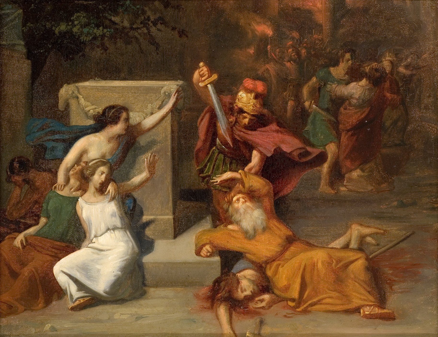 L'image représente une scène dramatique et tragique. Au premier plan, on peut voir des personnages en détresse, certains semblant accueillir la mort ou la souffrance. Un homme aux vêtements rouges brandit une épée, tandis qu'un vieil homme gît au sol, semblant blessé ou mourant. Les figures féminines expriment la peur ou le désespoir, les bras tendus comme pour se protéger ou implorer. En arrière-plan, d'autres personnages sont présents, ajoutant une atmosphère chaotique à la scène. L'œuvre évoque des thèmes de violence, de conflit et de tragédie humaine.