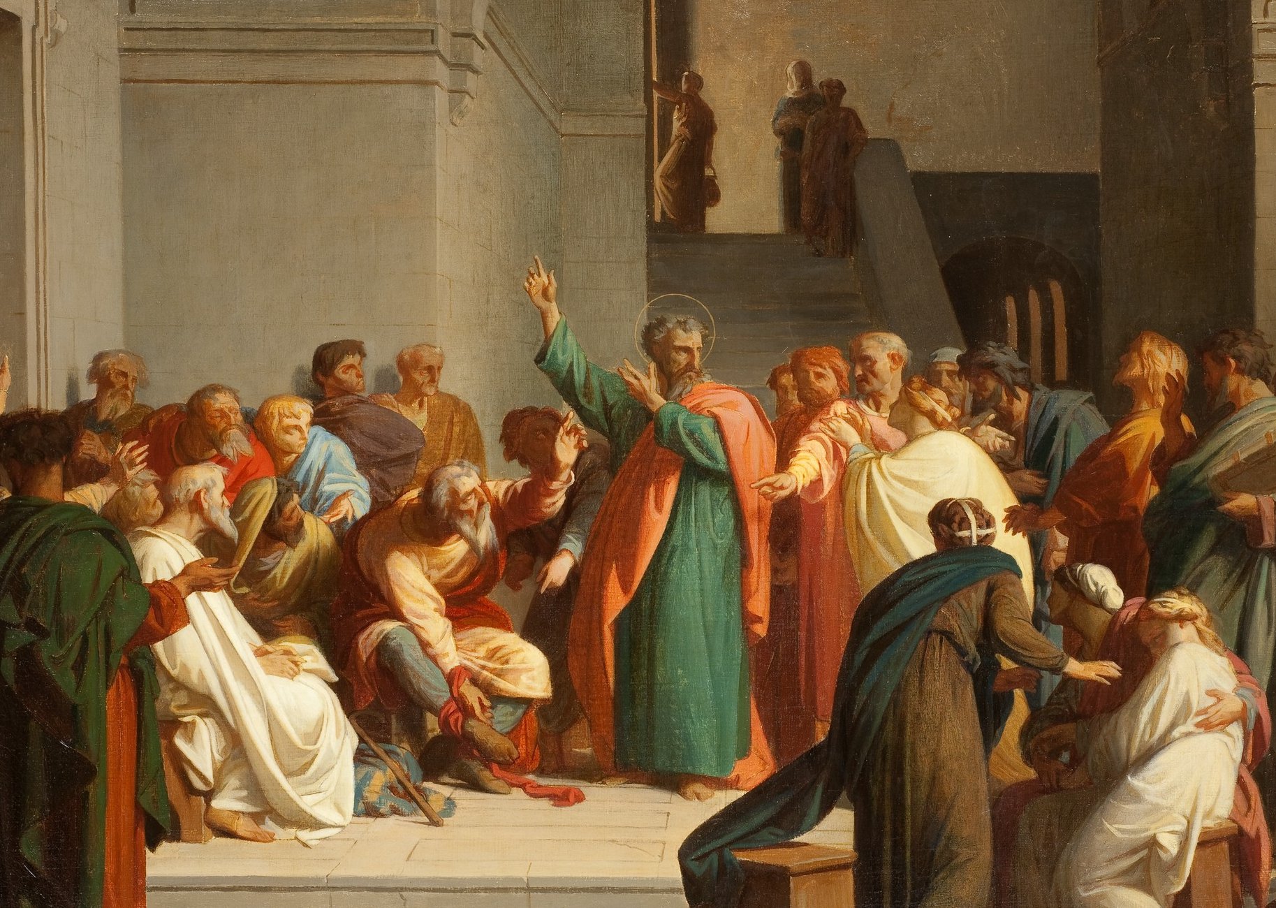 L'image représente une scène religieuse avec un groupe de personnes rassemblées dans un espace architectural. Au centre, un homme vêtu d'une robe colorée, probablement un personnage important, lève une main en geste de paroles ou d'instruction. Les autres figures autour de lui semblent attentives, certaines se prosternent ou expriment des émotions variées, comme la surprise ou l'adoration. L'arrière-plan présente des colonnes et des escaliers, créant une ambiance de rassemblement dans un lieu sacré. La lumière met en valeur les visages et les vêtements des personnages.