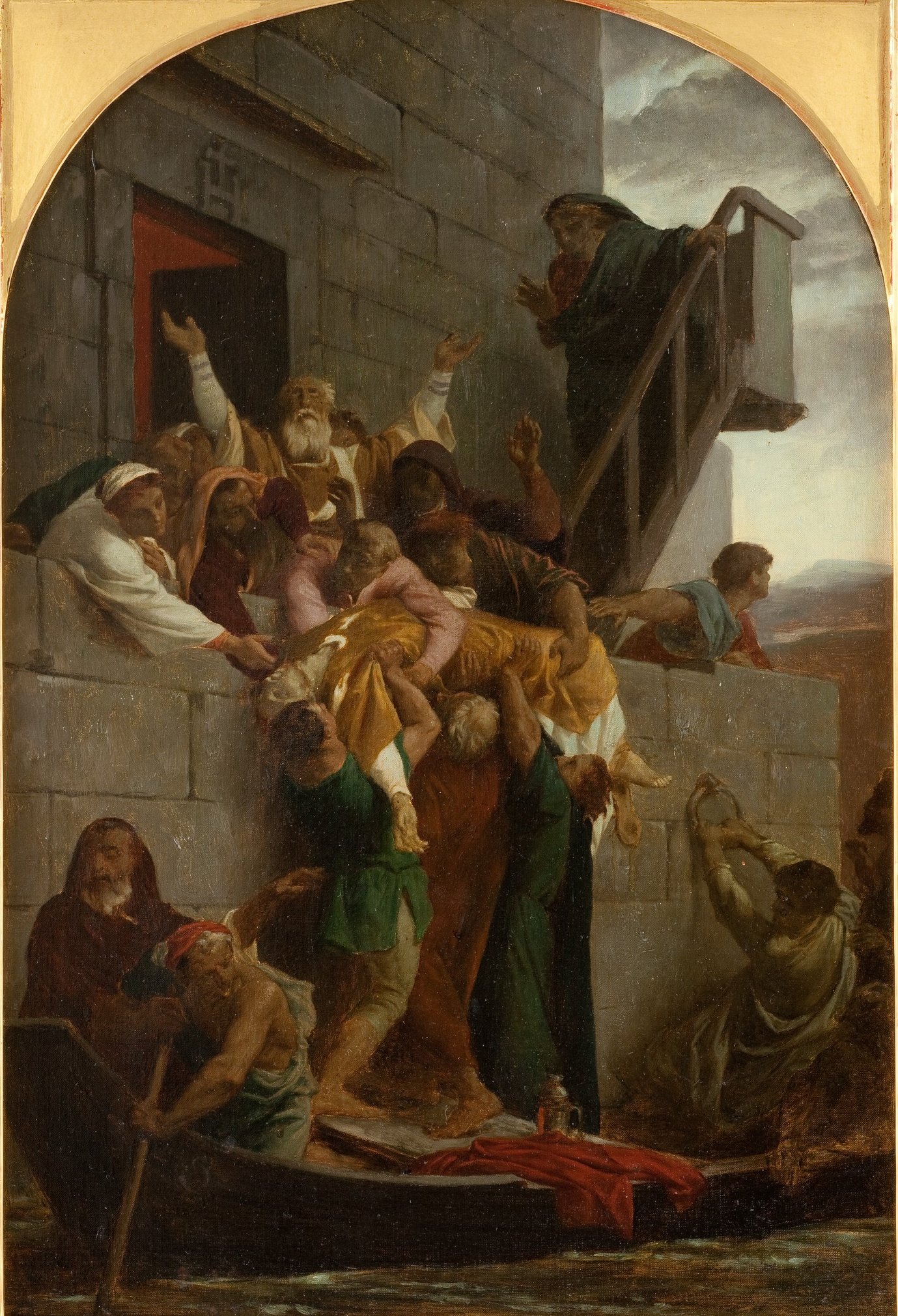 L'image représente une scène dramatique d'un groupe de personnes tentant de quitter une ville ou un lieu, probablement dans un contexte biblique ou historique. On y voit des figures en désespoir qui lèvent les bras, appelant à l'aide. Certains sont déjà sur un bateau, tandis que d'autres semblent s'accrocher à la structure solide, cherchant à se hisser. Les expressions des personnages transmettent une forte émotion, illustrant un sentiment d'urgence et de lutte. L'arrière-plan est sombre, ce qui accentue le chaos de la situation. Cette œuvre véhicule une atmosphère d'intensité et de tension.