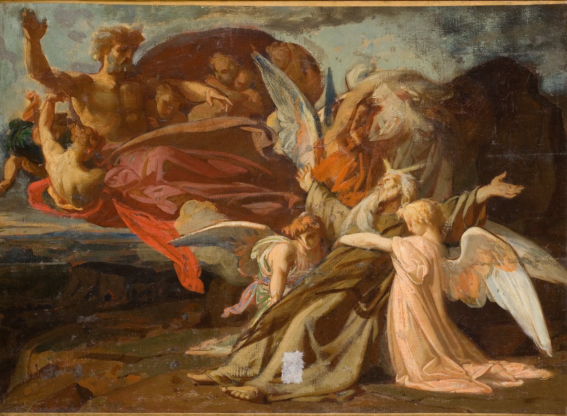 L'image représente une scène dramatique et mystique, avec des figures célestes et divines en interaction. On peut y voir des anges aux ailes déployées, des personnages habillés de draperies colorées, ainsi qu'une ambiance orageuse en arrière-plan. Les expressions des figures transmettent une émotion intense, évoquant un dialogue entre les éléments divins. La composition évoque un sentiment de mouvement et de spiritualité, avec des contrastes de lumière et d'ombre qui ajoutent à l'atmosphère surréaliste de l'œuvre.