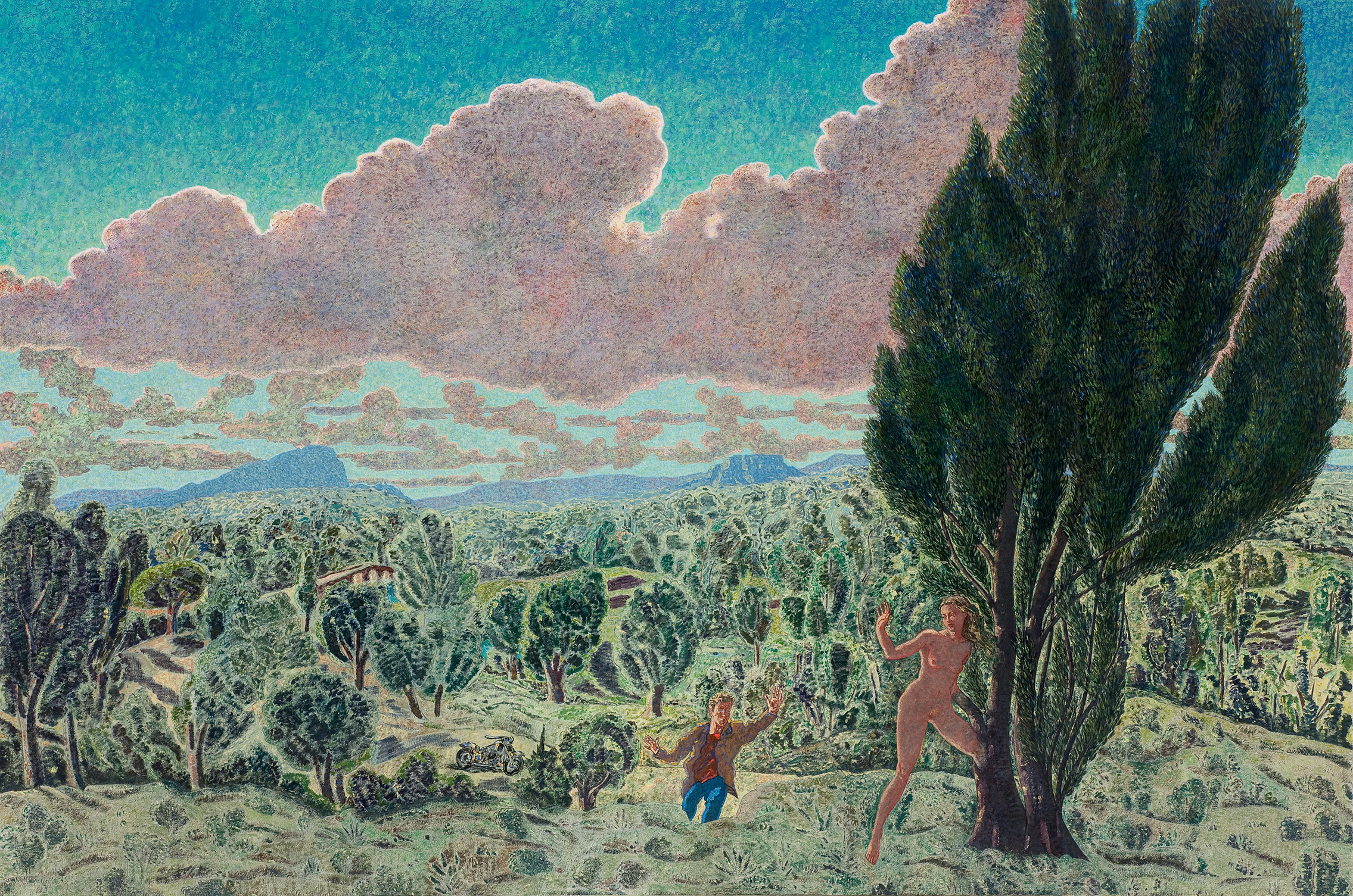 L'image représente un paysage vaste et coloré, avec un ciel bleu parsemé de nuages roses et blancs. Au premier plan, on voit deux silhouettes humaines, l'une habillée et l'autre nue, se déplaçant dans une nature verdoyante. Des arbres feuillus, des collines et des montagnes à l'arrière-plan forment un décor bucolique. La palette de couleurs utilisée est vive, avec des touches de vert, de bleu et de rose, créant une atmosphère vibrante et dynamique.