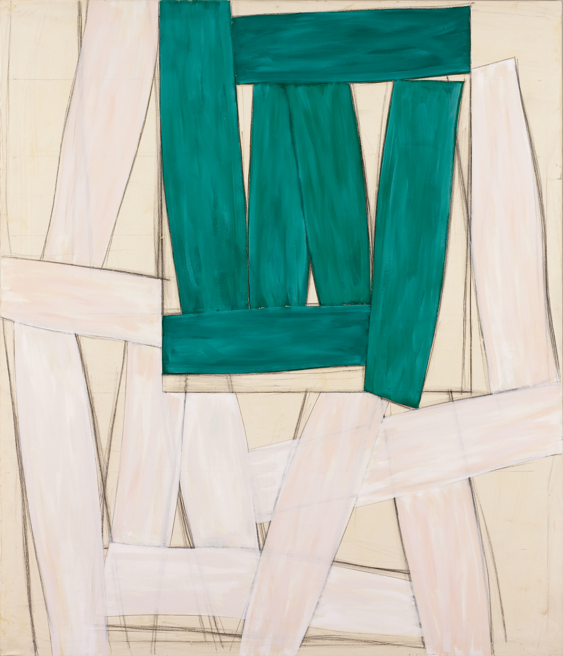 L'image présente une composition abstraite où des bandes de couleur verte et blanche s'entrelacent sur un fond clair. Les formes vertes sont disposées de manière à créer un motif central, tandis que les bandes blanches, plus larges, ajoutent une dynamique et un rythme au tableau. L'ensemble dégage une sensation de profondeur et de structure tout en restant dans un style minimaliste.