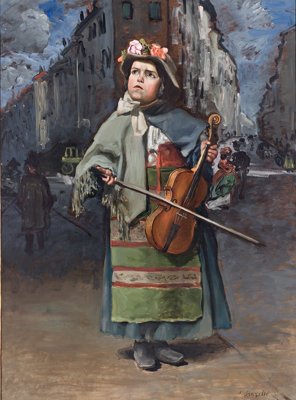 L'image représente une jeune fille habillée de manière traditionnelle avec une robe colorée et un châle. Elle tient un violon à la main et regarde le spectateur avec une expression sérieuse. La scène se déroule dans une rue animée, où l'on peut apercevoir d'autres personnages en arrière-plan. La composition évoque une ambiance vivante et culturelle, mettant en avant la musique et les traditions. Les détails des vêtements sont soigneusement rendus, témoignant d'un style artistique spécifique.