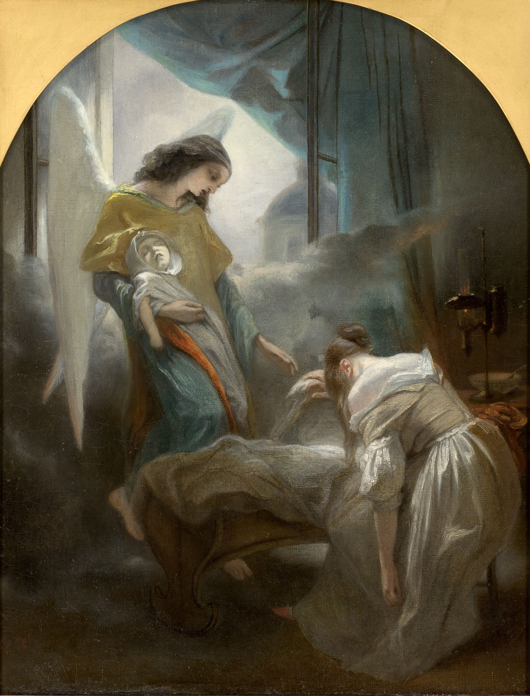 L'image représente une scène religieuse empreinte de douceur et de sérénité. On peut voir un ange debout, vêtu de robes aux teintes dorées et lumineuses, tenant un enfant dans ses bras. Il est placé dans un environnement légèrement obscurci par des nuages. Face à lui, une femme est penchée, semblant se recueillir dans un geste de dévotion ou de contemplation. La lumière naturelle filtre à travers une fenêtre, créant un contraste entre les ombres et la luminosité. Le tableau transmet une atmosphère de calme et de spiritualité.