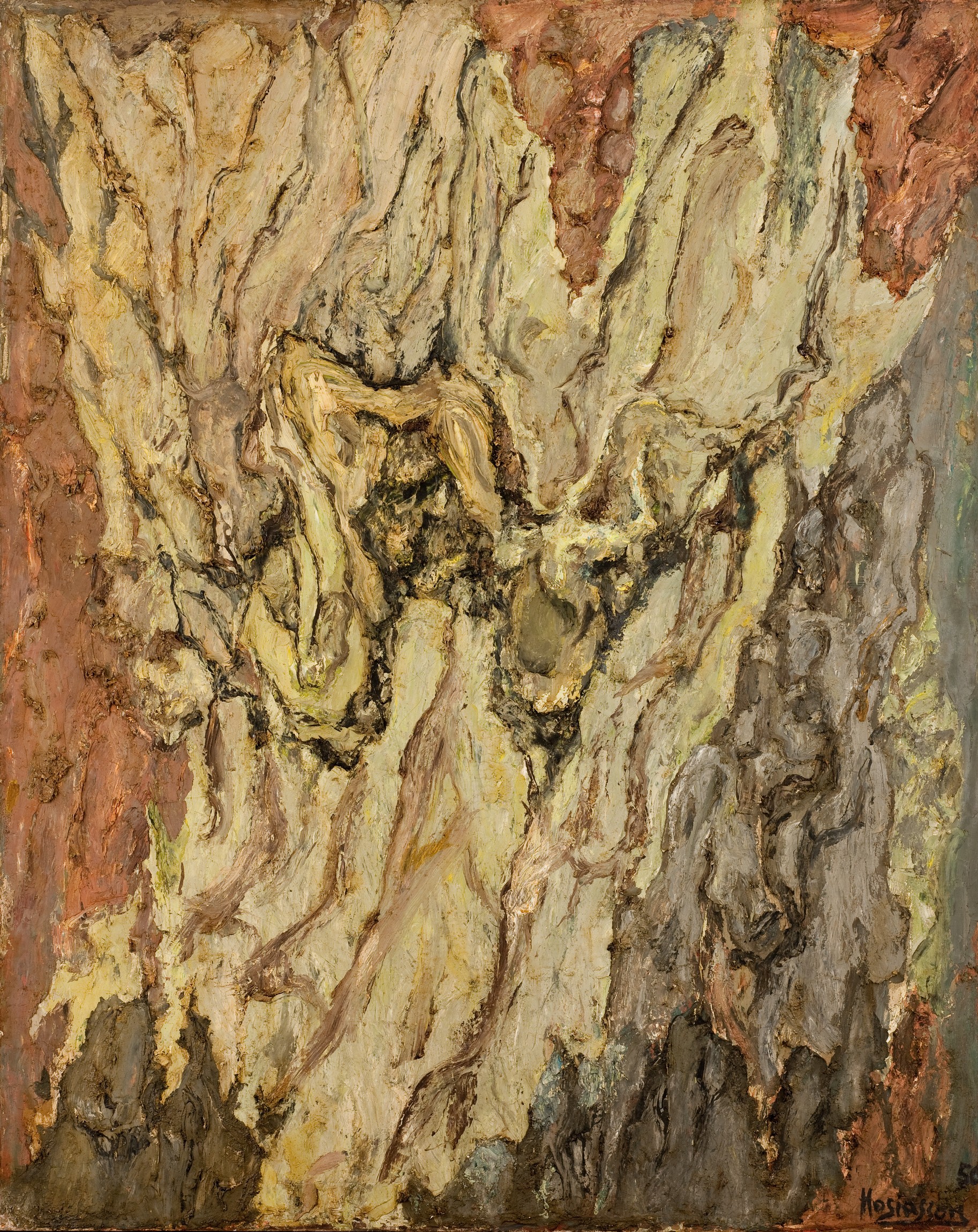 Cette œuvre est un tableau abstrait qui présente une texture riche et des couleurs terreuses, incluant des tons de beige, marron et jaune. Les coups de pinceau sont visibles, créant des formes organiques qui semblent se chevaucher. Il semble y avoir une profondeur dans la composition, avec des éléments qui rappellent la nature, comme des roches ou des strates de terre. L'ensemble dégage une sensation de mouvement et de fluidité, invitant le spectateur à explorer ses différentes couches et nuances.