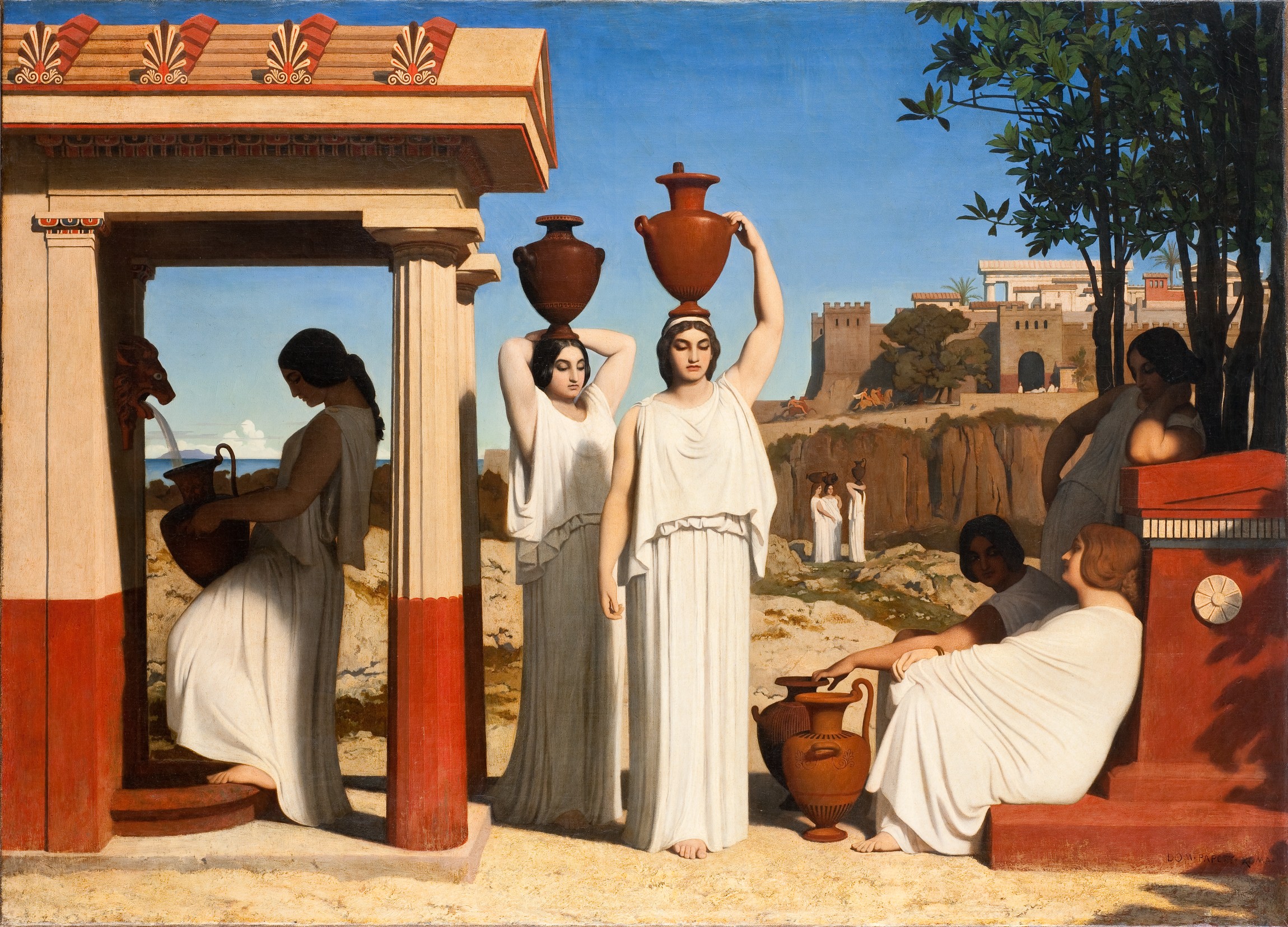 L'image représente une scène inspirée de l'antiquité, où plusieurs femmes en robes blanches se trouvent sur un site probablement méditerranéen. Deux femmes portent des jarres sur leur tête tandis qu'une autre est engagée à remplir une jarre. En arrière-plan, on aperçoit des bâtiments typiques et un paysage côtier, évoquant la beauté de la nature. L'ambiance est paisible et sereine, reflétant la vie quotidienne dans une ancienne civilisation. Les détails architecturaux et les vêtements soulignent un style classique et raffiné.
