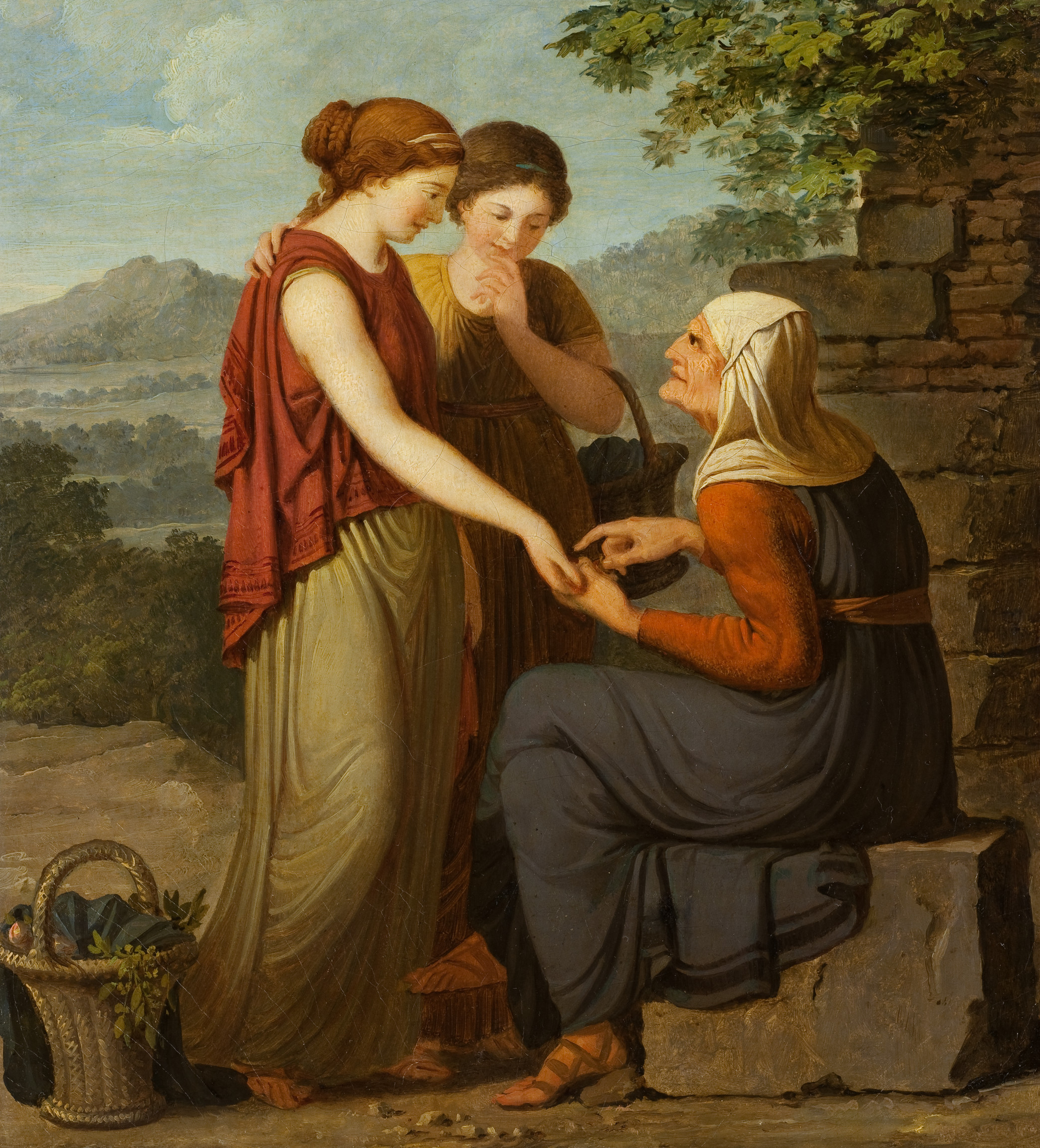 L'image représente une scène sentimentale entre trois femmes. Deux jeunes femmes, vêtues de robes antiques, se tiennent près d'une femme plus âgée assise sur une pierre. L'une des jeunes femmes semble s'approcher de la vieille dame, qui regarde leur main avec intérêt, tandis que l'autre jeune femme observe la situation de manière pensive. En arrière-plan, on aperçoit un paysage naturel, avec des montagnes et des arbres, ajoutant une atmosphère paisible à la composition. Au sol, un panier en osier contenant des herbes ou des fleurs est visible, suggérant une connexion avec la nature.