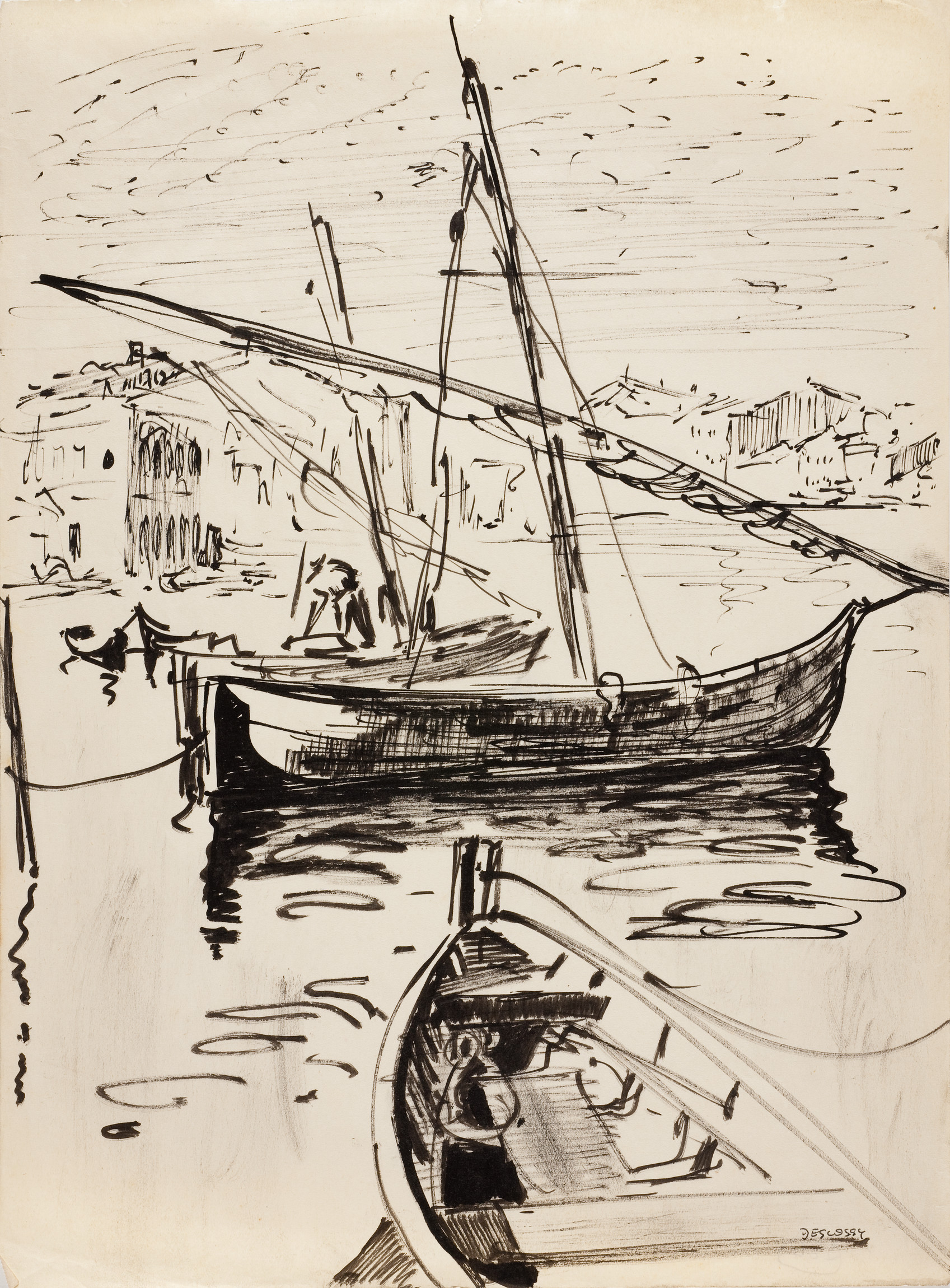 L'image présente une scène maritime dessinée à l'encre. On y voit deux bateaux amarrés, l'un plus grand et l'autre plus petit, flottant sur une eau calme. Le paysage en arrière-plan montre des bâtiments qui semblent être en bord de mer, avec des détails esquissés de manière artistique. Le ciel est nuageux, suggérant une atmosphère paisible mais légèrement sombre. Les lignes sont fluides et expressives, typiques d'un style qui évoque le mouvement et la tranquillité de la scène maritime.